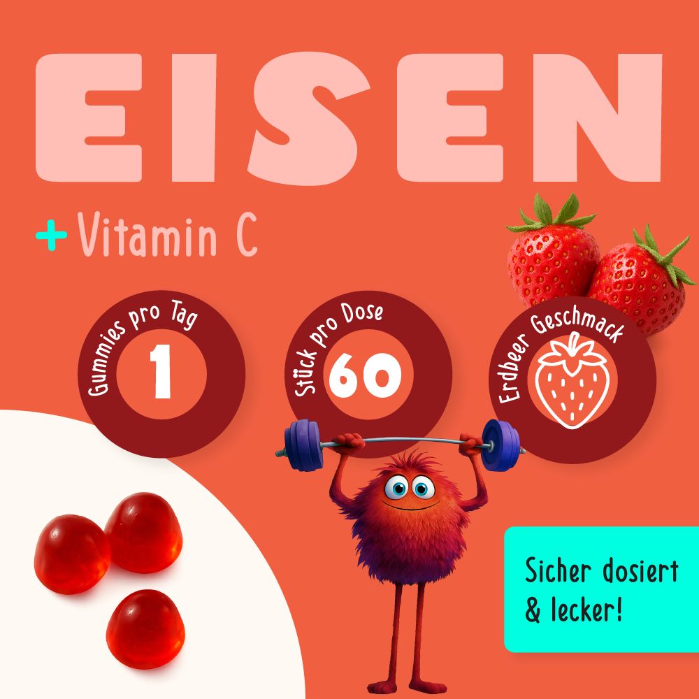 Grafik mit Eisen und Vitamin C. 1 Gummie pro Tag, 60 Stück pro Dose, Erdbeergeschmack. Rote Gummibärchen und eine Figur.
