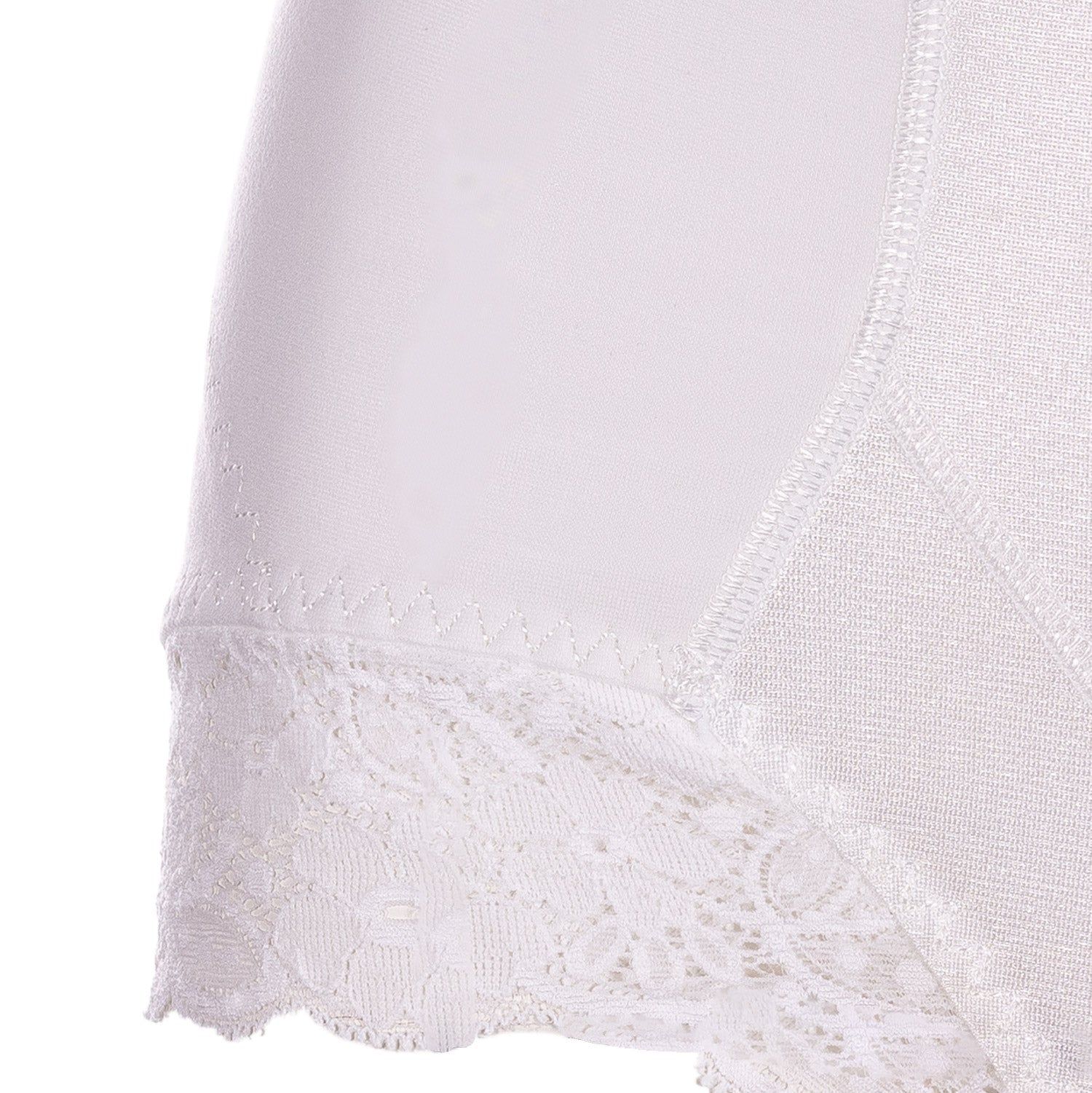 Detailaufnahme der weißen Miederhose. Spitze am Beinabschluss und Stoffstruktur.