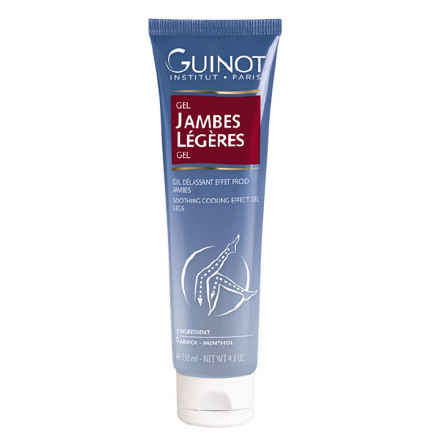 Blau-weiße Tube mit Produktaufschrift. Guinot Institut Paris, Gel Jambes Légères. Enthält Arnika und Menthol. 125 ml.