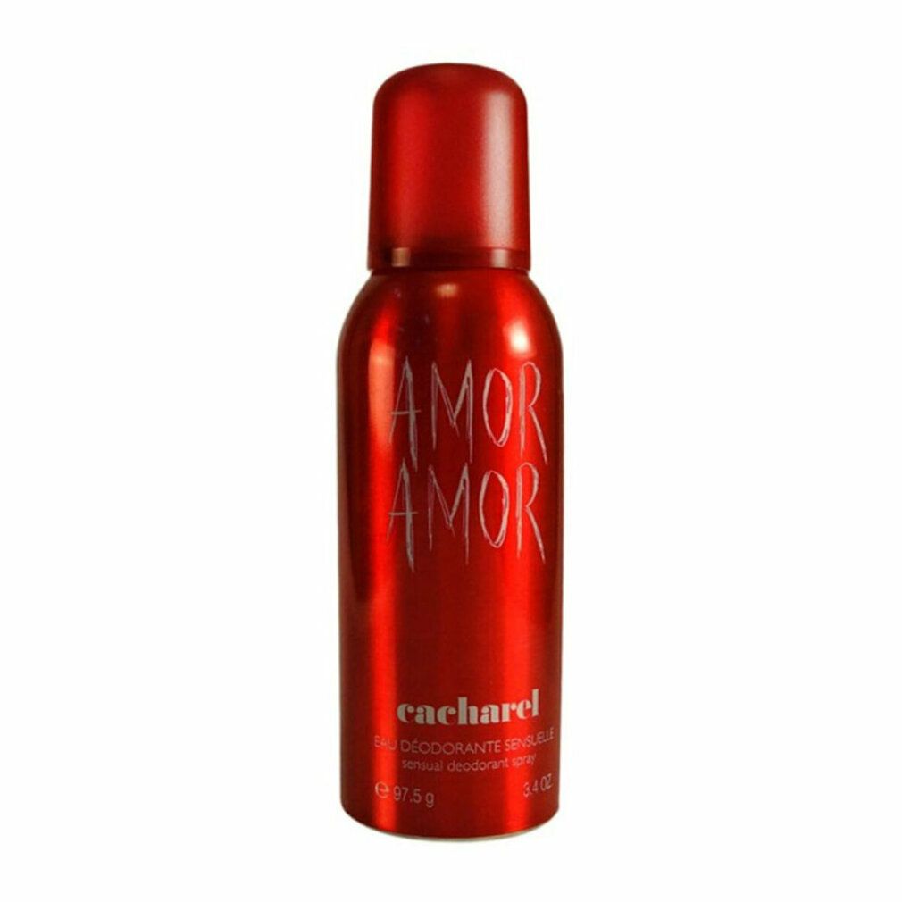 Rote Deodorant-Spraydose mit roter Kappe. Aufschrift "AMOR AMOR" und "cacharel". Text: "Eau Déodorante Sensuelle".