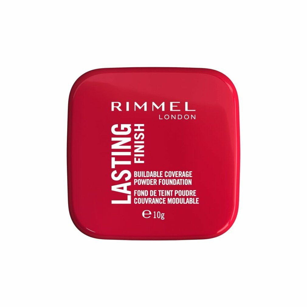 Roter Kompaktpuder geschlossen. Text: Rimmel London Lasting Finish, 10g.