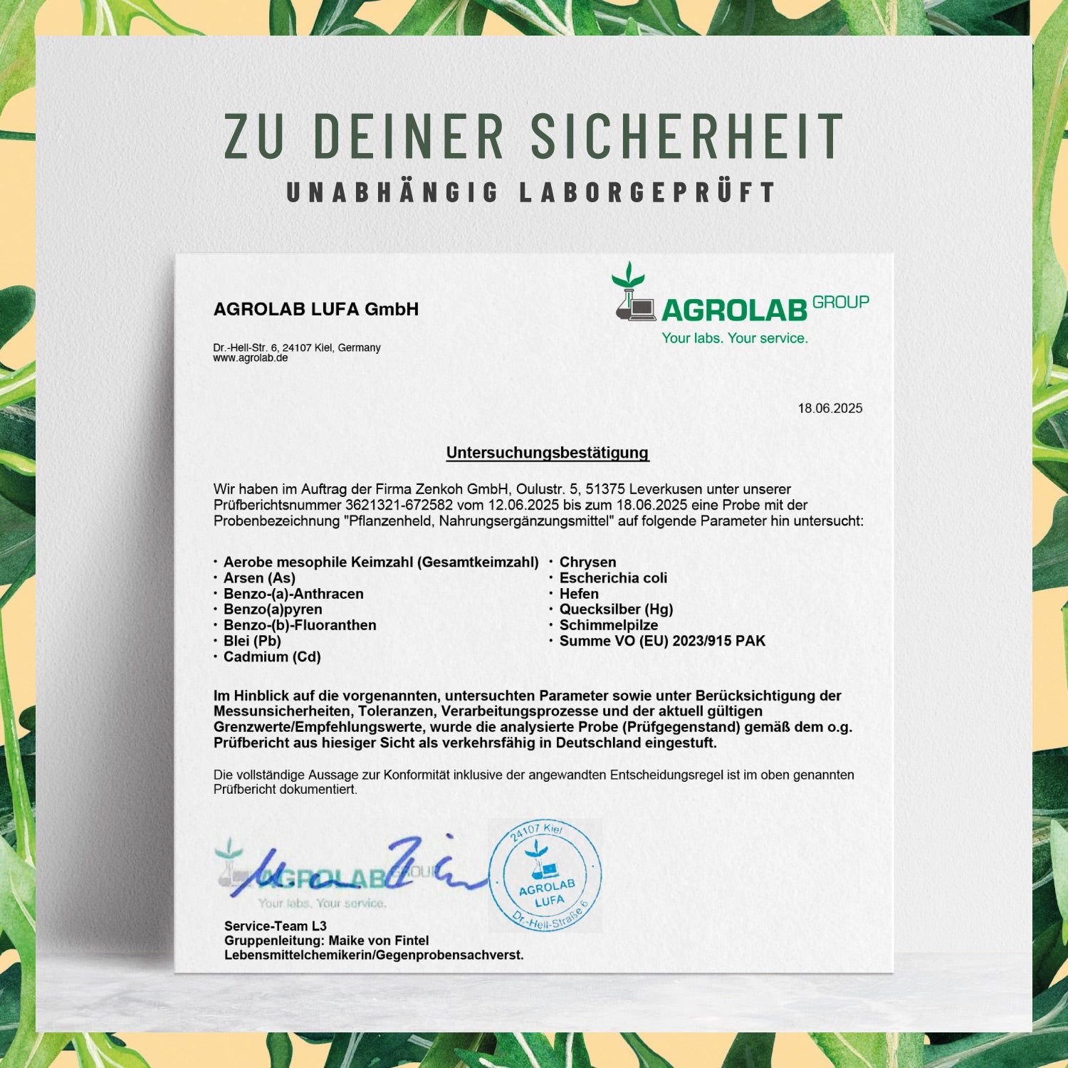 Zertifizierungsbericht von AGROLAB LUFA GmbH. Aufschrift: Zu deiner Sicherheit. Unabhängig laborgeprüft. Unterschriften und Stempel.