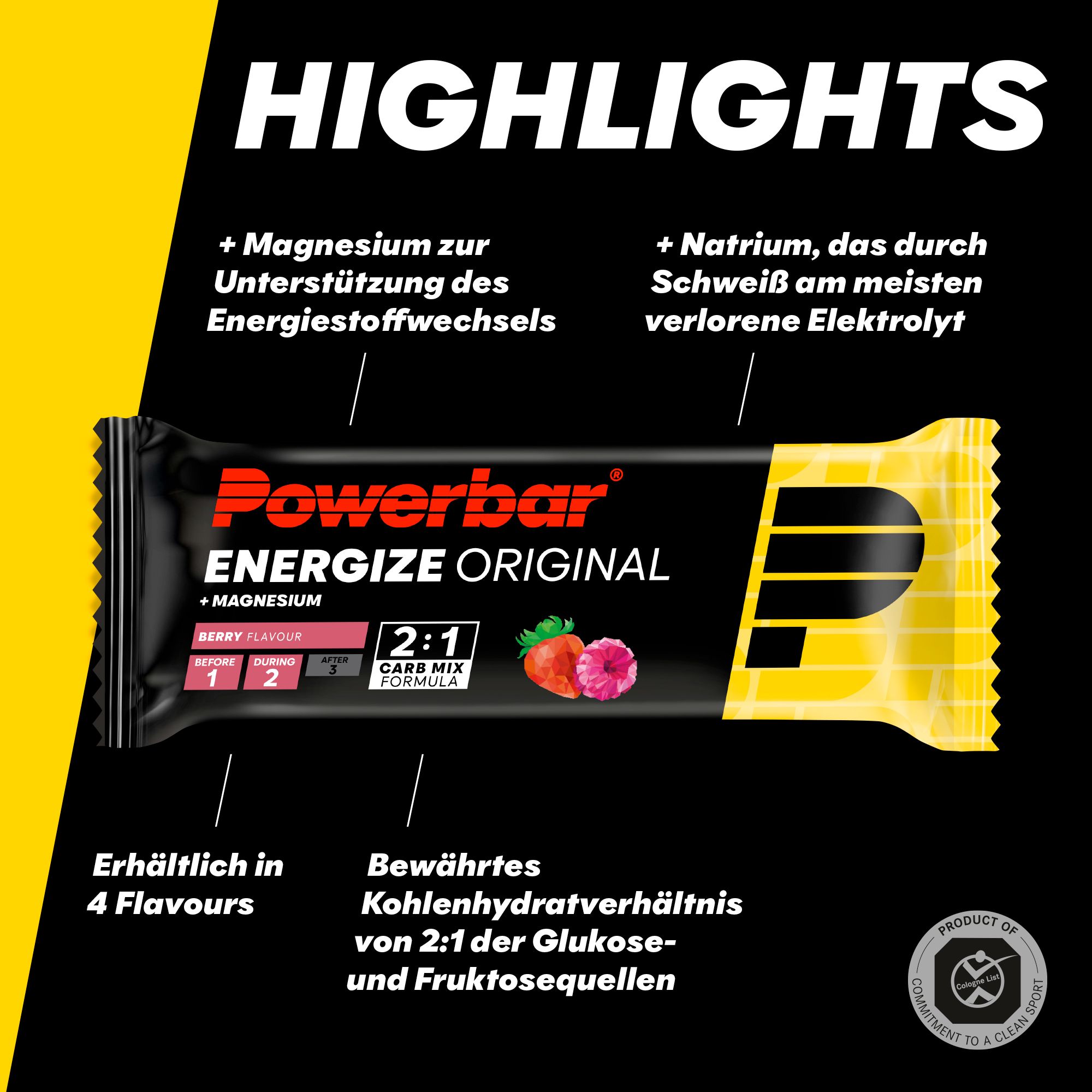 Energieriegel "Powerbar Energize Original Berry". Schwarze Verpackung mit gelben Akzenten. Text: "+ Magnesium", "2:1 Carb Mix".