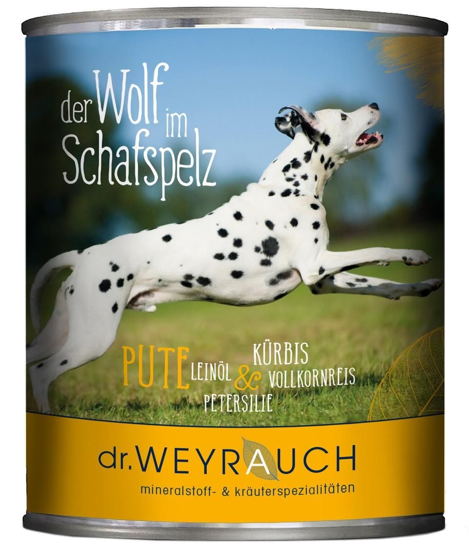 Hundefutterdose mit Dalmatiner. Aufschrift: der Wolf im Schafspelz Pute, Kürbis, Leinsamen, Petersilie, Vollkornreis. Marke: dr. WEYRAUCH.