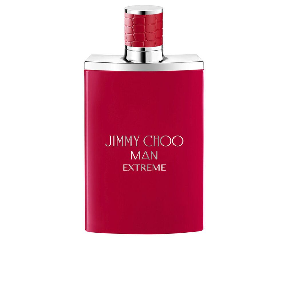 Rotes Parfümflakon mit silbernem Verschluss. Aufschrift: JIMMY CHOO MAN EXTREME. Rechteckige Form.