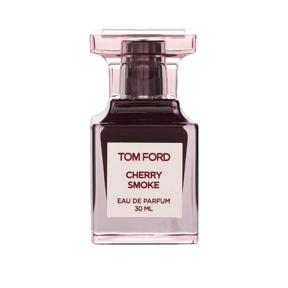 Tom Ford Cherry Smoke Eau de Parfum Flakon. Rechteckige Form, rosa-transparente Flüssigkeit. Aufschrift: TOM FORD, CHERRY SMOKE, EAU DE PARFUM, 30 ML.