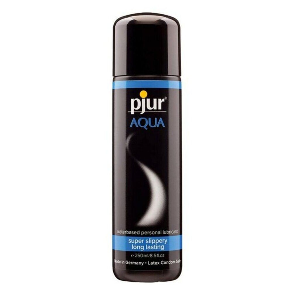 Schwarze Flasche mit schwarzem Deckel. Aufschrift: pjur Aqua, Wasserbasiertes Gleitmittel, super rutschig, langanhaltend. 250ml.