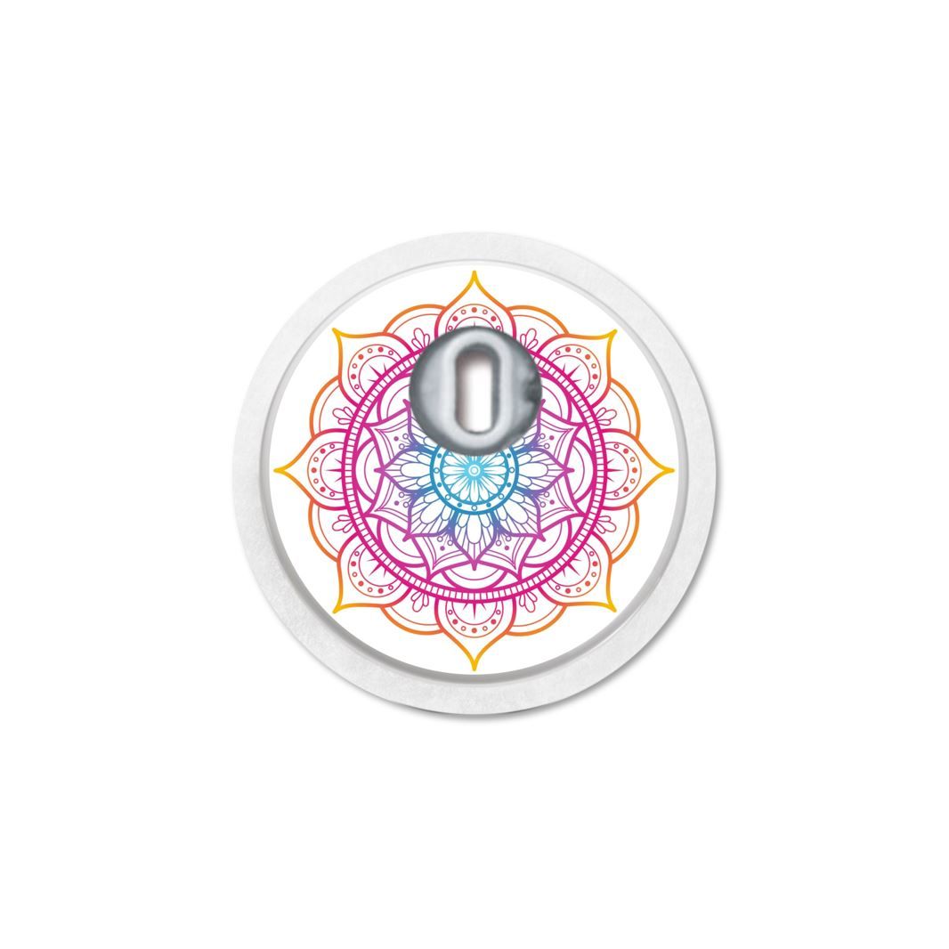 Runder Aufkleber mit Mandala-Design und Sensor in der Mitte. Farbverlauf von Orange nach Blau.