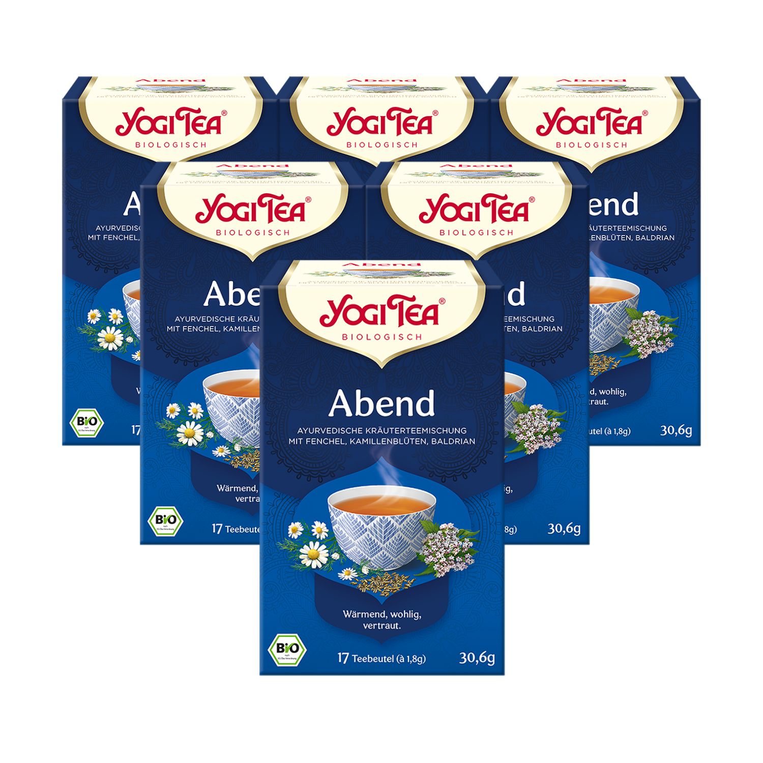 Sechs Schachteln Yogi Tea Abend Bio Kräutertee. Blaue Verpackung mit Logo und Produktbezeichnung. 17 Teebeutel, Bio-Siegel.