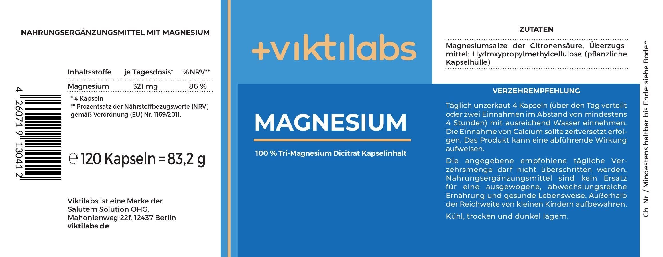 Viktilabs Magnesium: Tri-Magnesium Dicitrat für schnelle Aufnahme und hohe Bioverfügbarkeit