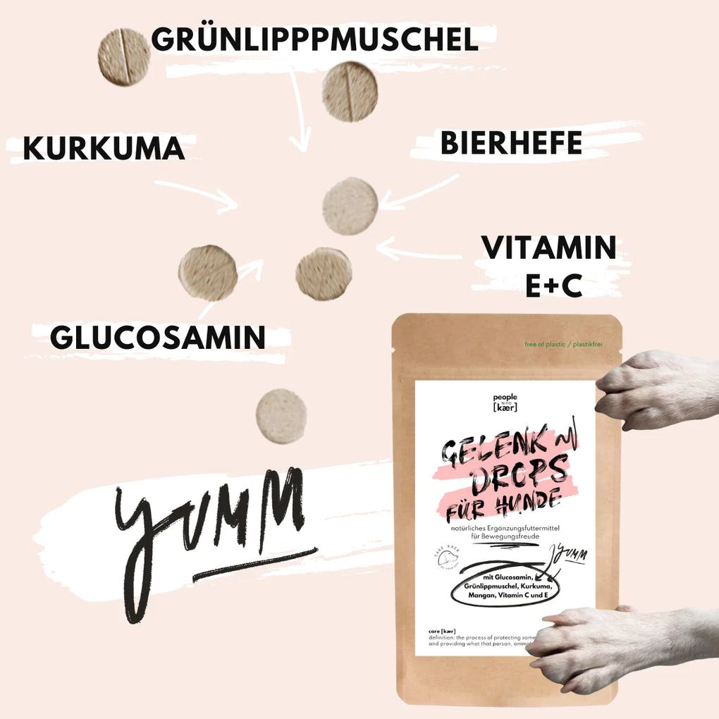 Gelenk Drops für Hunde-Beutel mit Tabletten und Zutaten. Glucosamin, Kurkuma, Grünlippmuschel, Bierhefe, Vitamin E+C.