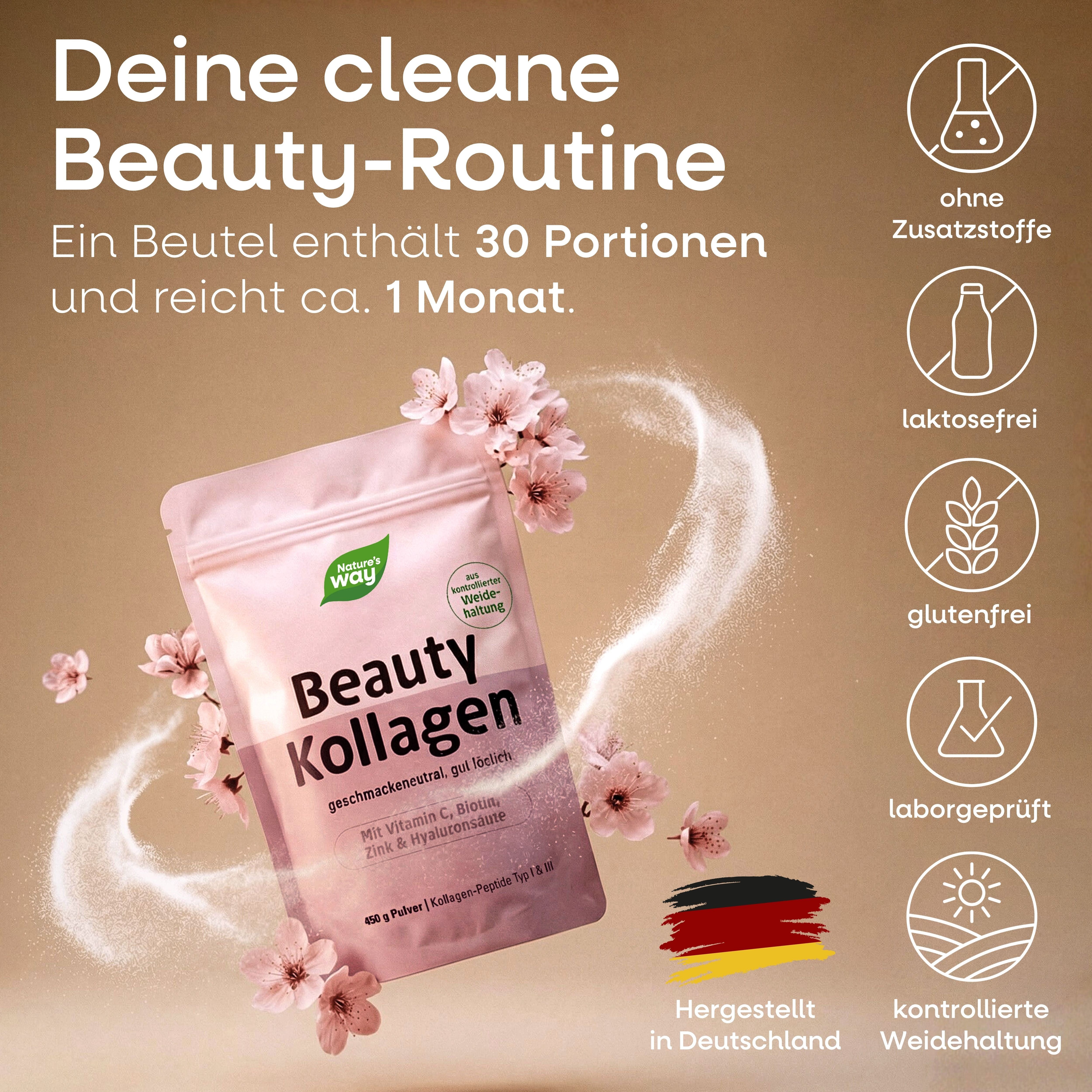 Rosa Beutel Beauty Kollagen, 30 Portionen, ca. 1 Monat. Text: ohne Zusatzstoffe, laktosefrei, glutenfrei, laborgeprüft. Made in Germany.