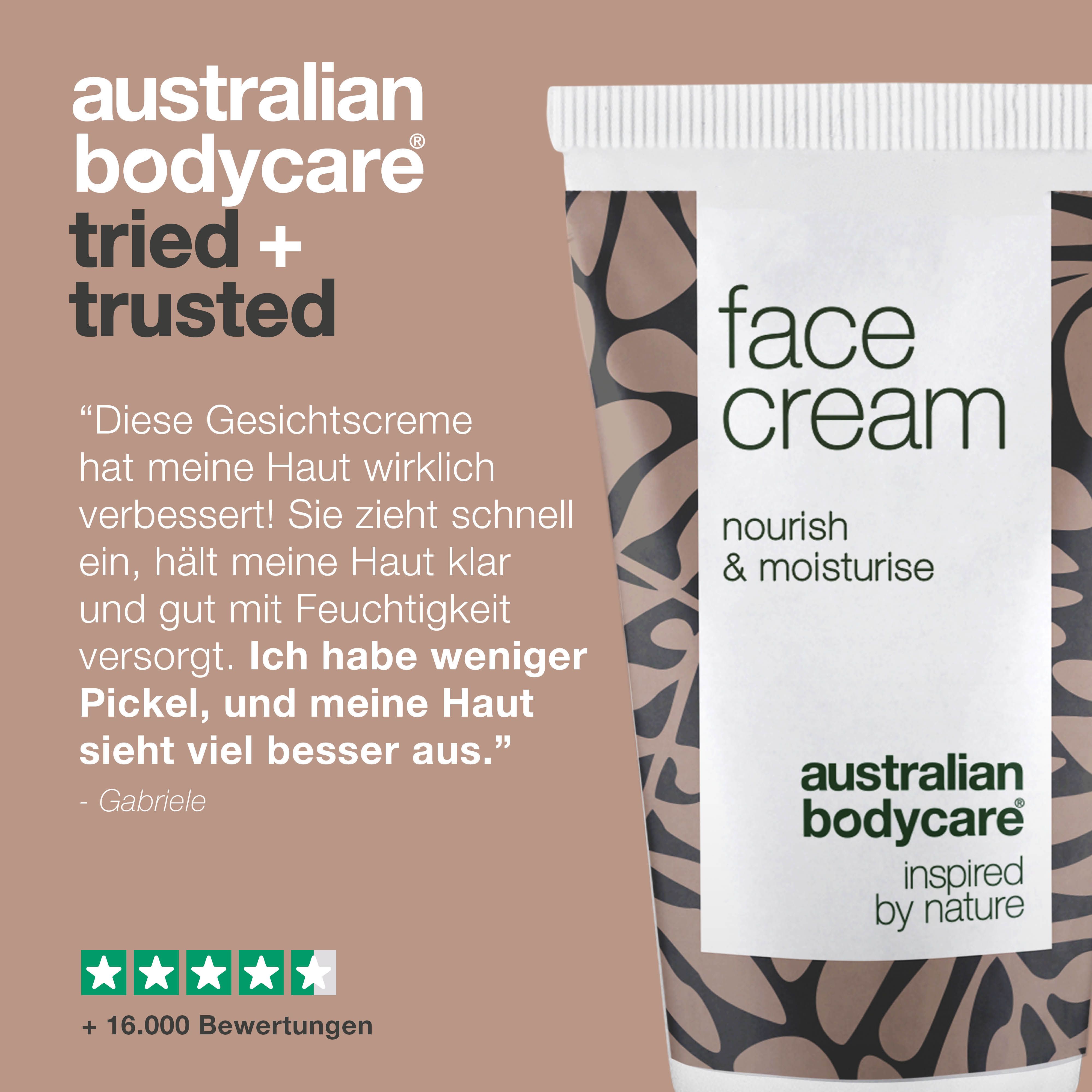 Tube mit Aufschrift: face cream. Marke: Australian Bodycare. Text: tried + trusted. Bewertungen.