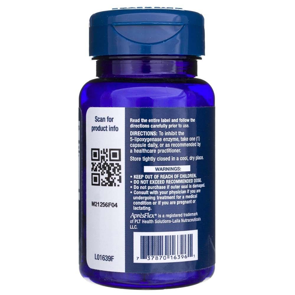 Rückseite des Life Extension 5-LOX Inhibitor Behälters mit QR-Code, Barcode und Anwendungshinweisen.