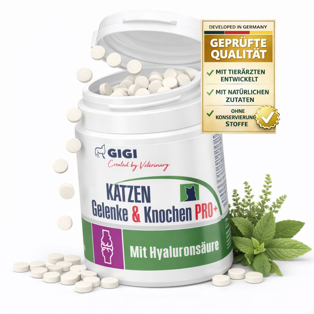Tabletten für Katzen, in einer weißen Dose. Mit Hyaluronsäure. Geprüfte Qualität. Mit tierärztlicher Entwicklung.