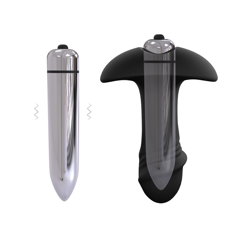 Zwei Vibratoren. Links: Silberner, zylindrischer Vibrator. Rechts: Schwarzer Analplug mit pilzförmigem Kopf.