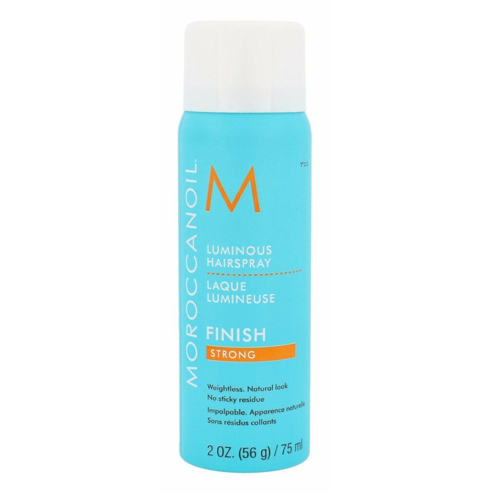 Türkisblaue Haarspray-Flasche mit weißem Deckel. Aufschrift: Moroccanoil, Luminous Hairspray, Finish Strong. 2 oz (56 g) / 75 ml.
