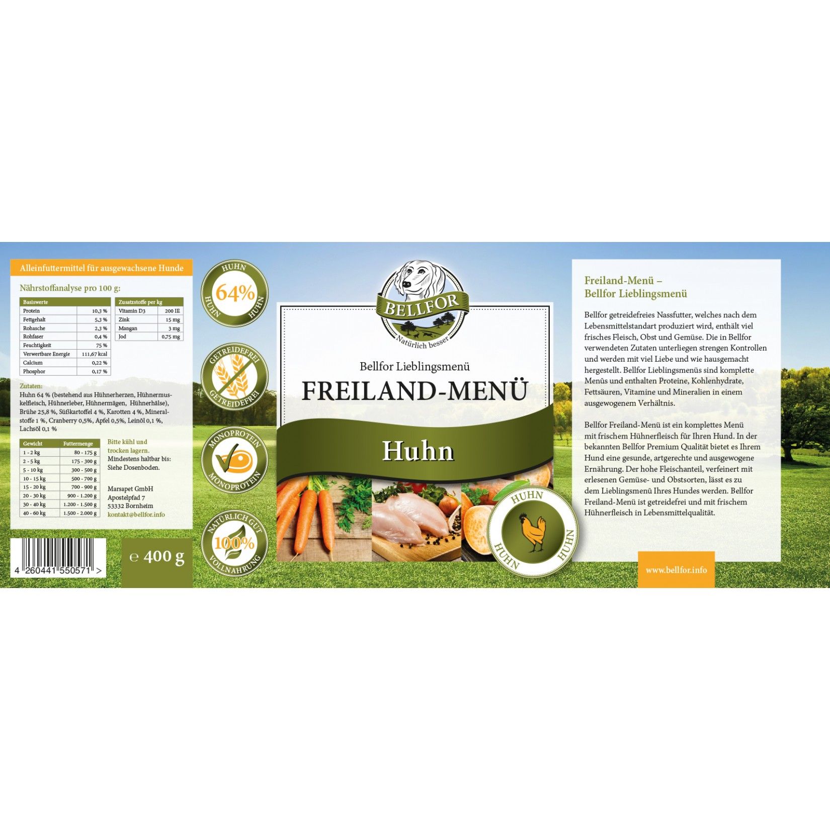 Etikett mit Produktinformationen. Text: Bellfor Freiland-Menü Huhn. Abbildung von Gemüse und Huhn. 400g.
