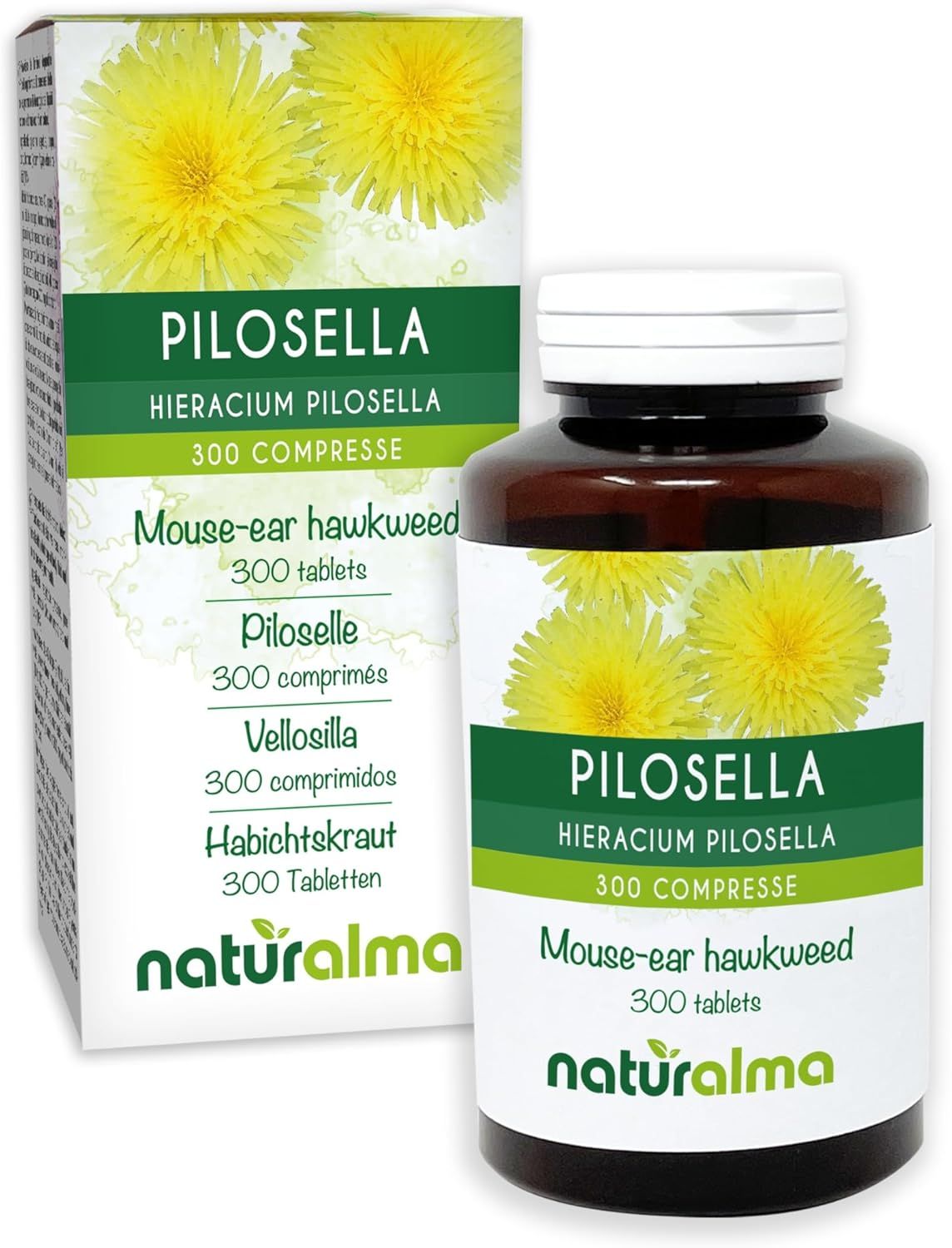 Produktverpackung und Flasche mit Tabletten. Text: Hieracium pilosella, 300 Tabletten. Logo Naturalma.