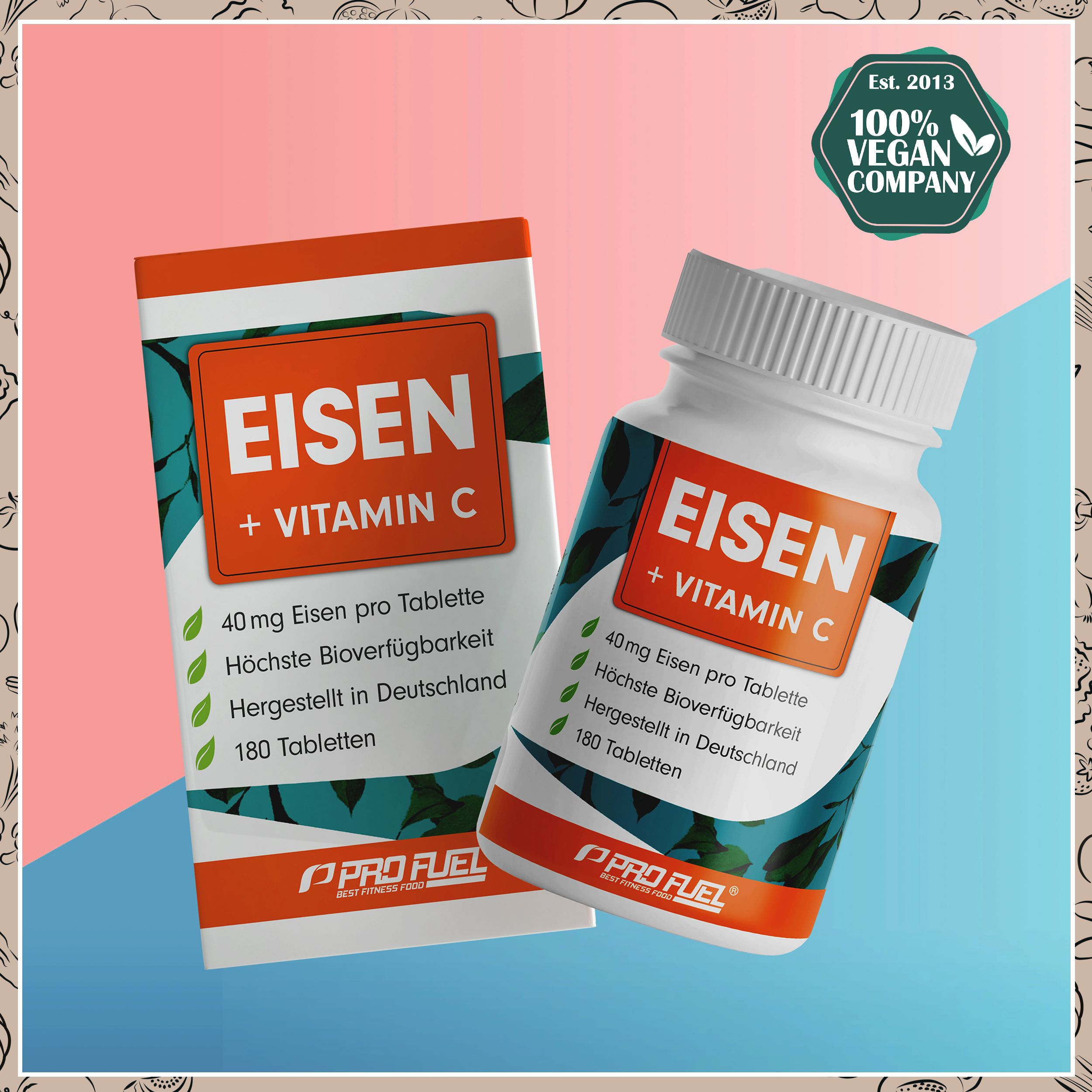 ProFuel - EISEN Tabletten mit natürlichem Vitamin C, ideal hochdosiert, 40mg Eisen & 40mg Vitamin C