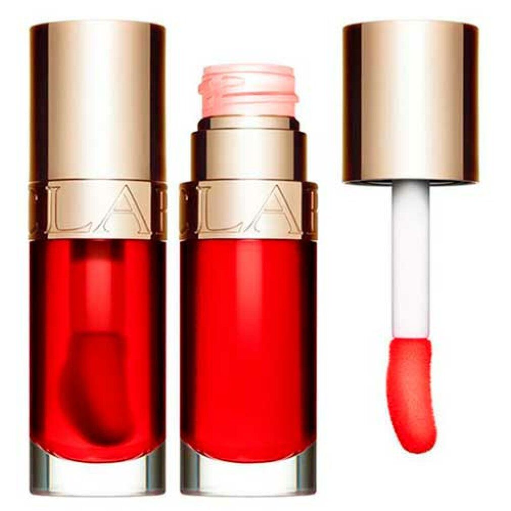 Geöffnete Flasche mit roter Flüssigkeit, goldener Kappe und Applikator. Aufschrift: CLARINS.