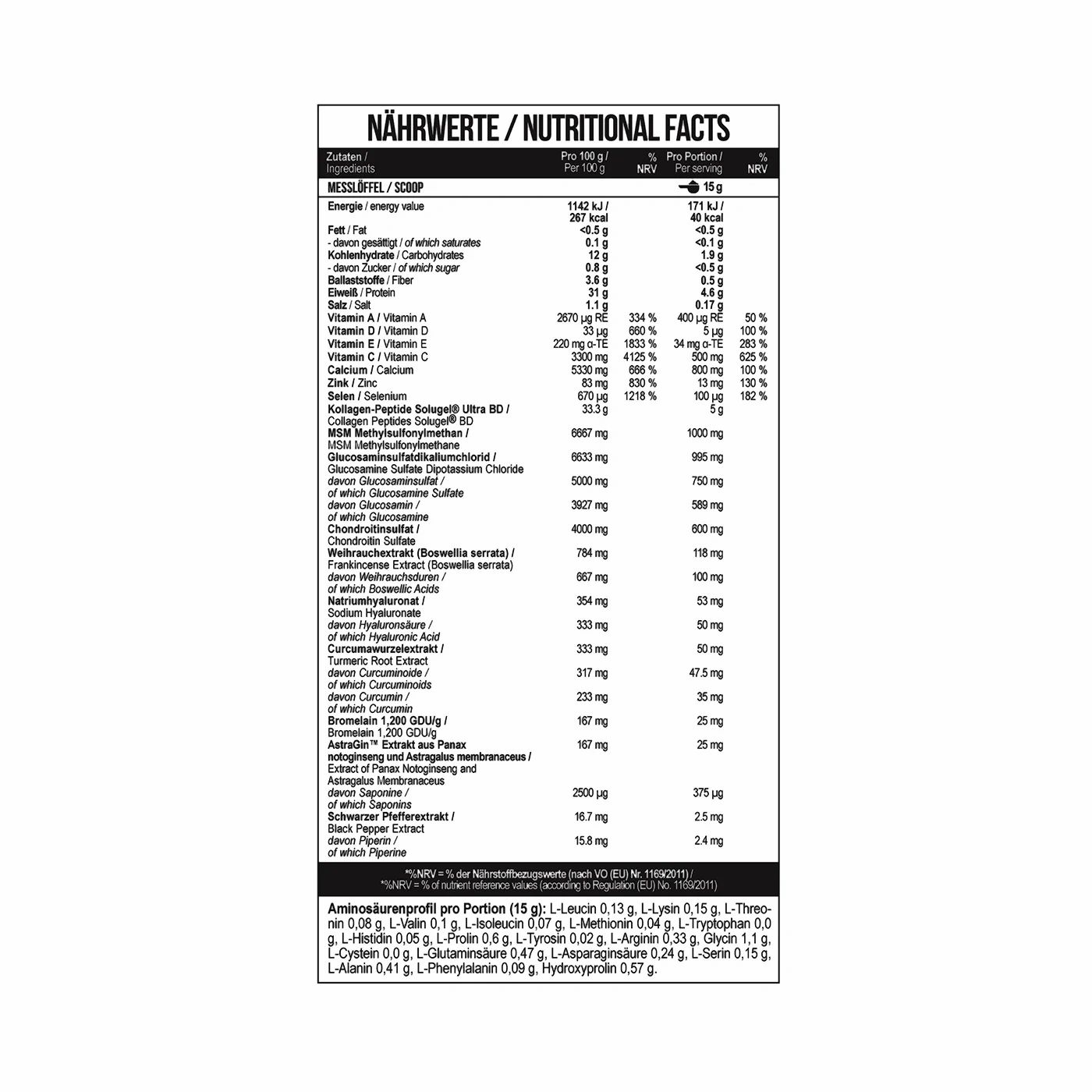 Nahaufnahme der Nährwertangaben auf der Rückseite der MST Flex Pro-Dose. Die Tabelle zeigt detaillierte Informationen über die Nährwerte pro 100g und pro Portion. Enthält Informationen über Energie, Fett, Kohlenhydrate, Eiweiß, Salz und Vitamine.