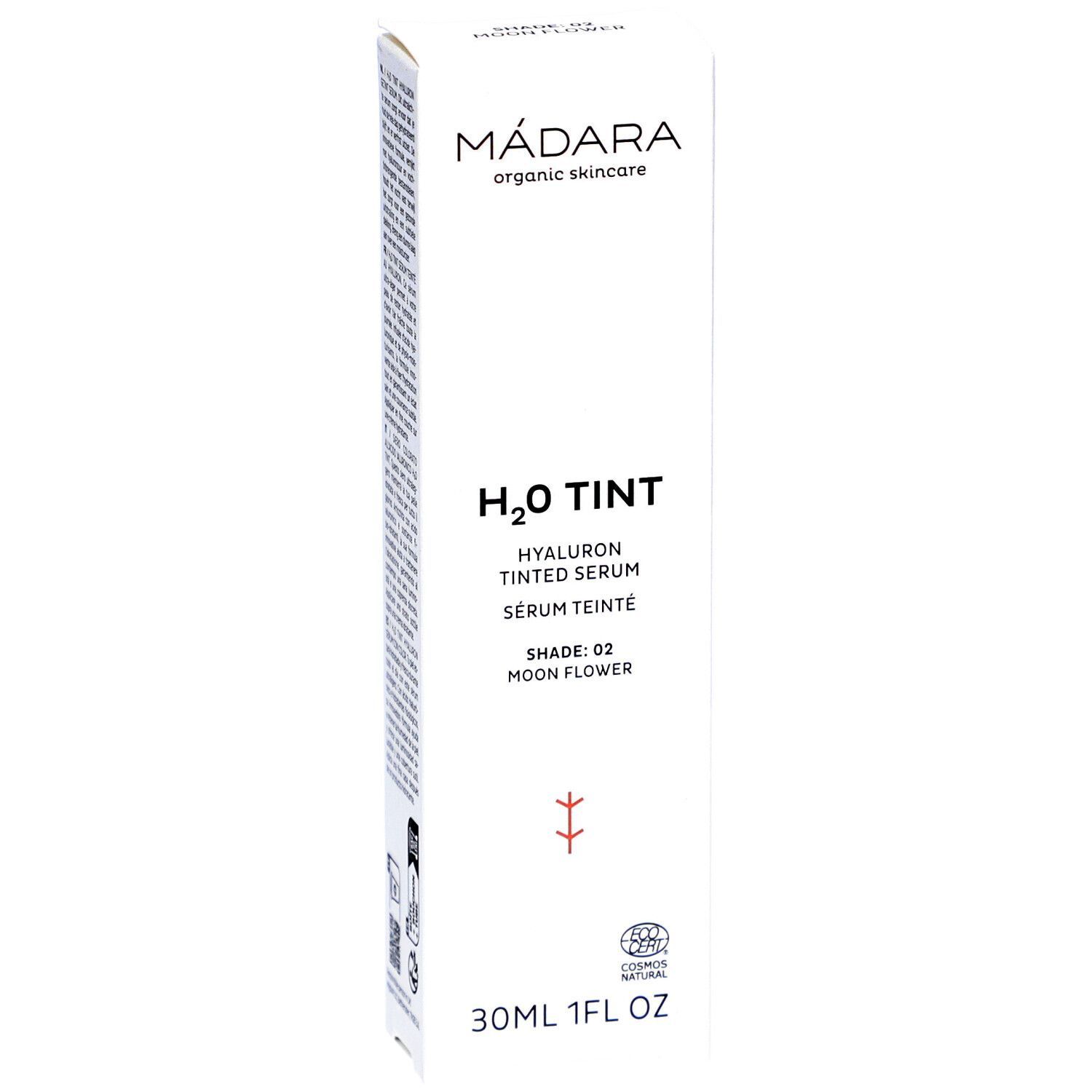 Weiße Produktverpackung mit Produktnamen und Marke. H2O TINT Hyaluron getöntes Serum. Shade 02 Moon Flower. 30ml 1FL OZ.