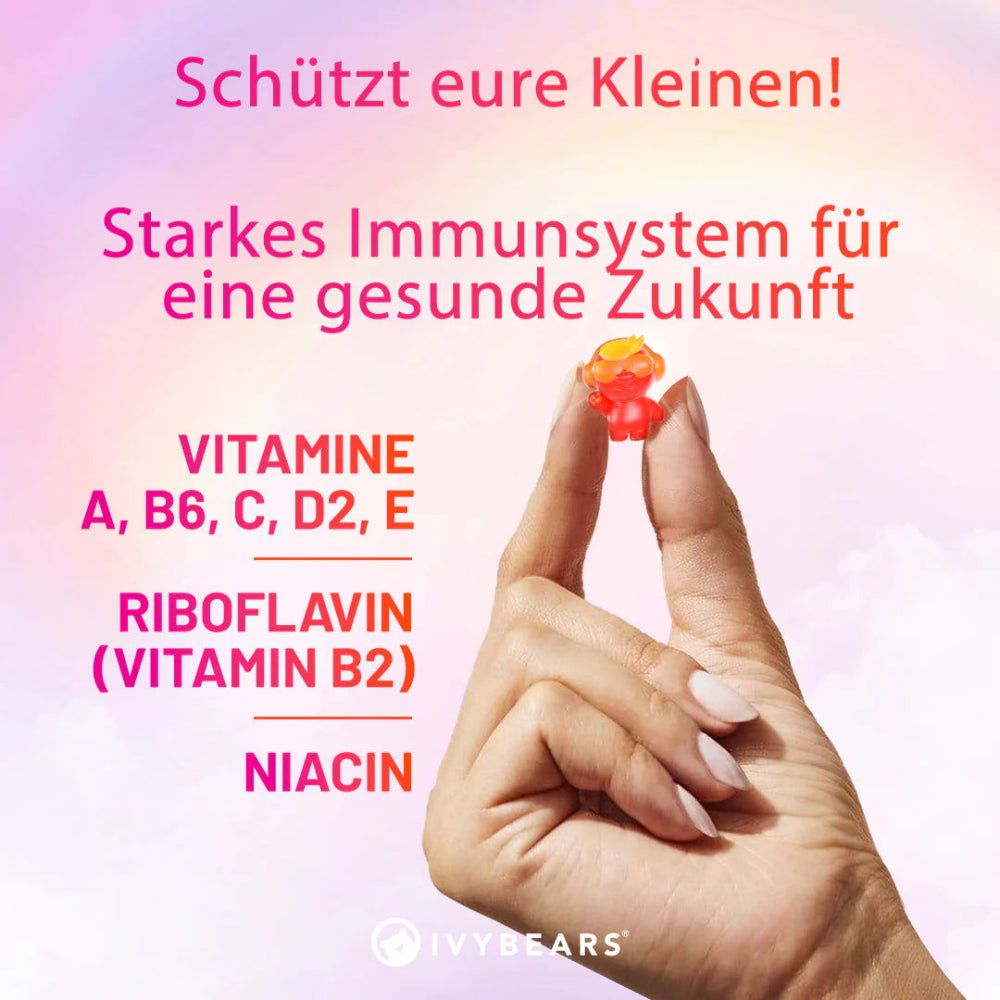 Hand hält ein Gummibärchen. Text: Vitamine A, B6, C, D2, E, Riboflavin (Vitamin B2), Niacin. Logo: IVYBEARS.