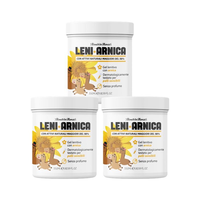 Drei weiße Tiegel mit Aufschrift Leni Arnica. Gel für empfindliche Haut. Ohne Parfüm. Mit Illustrationen.