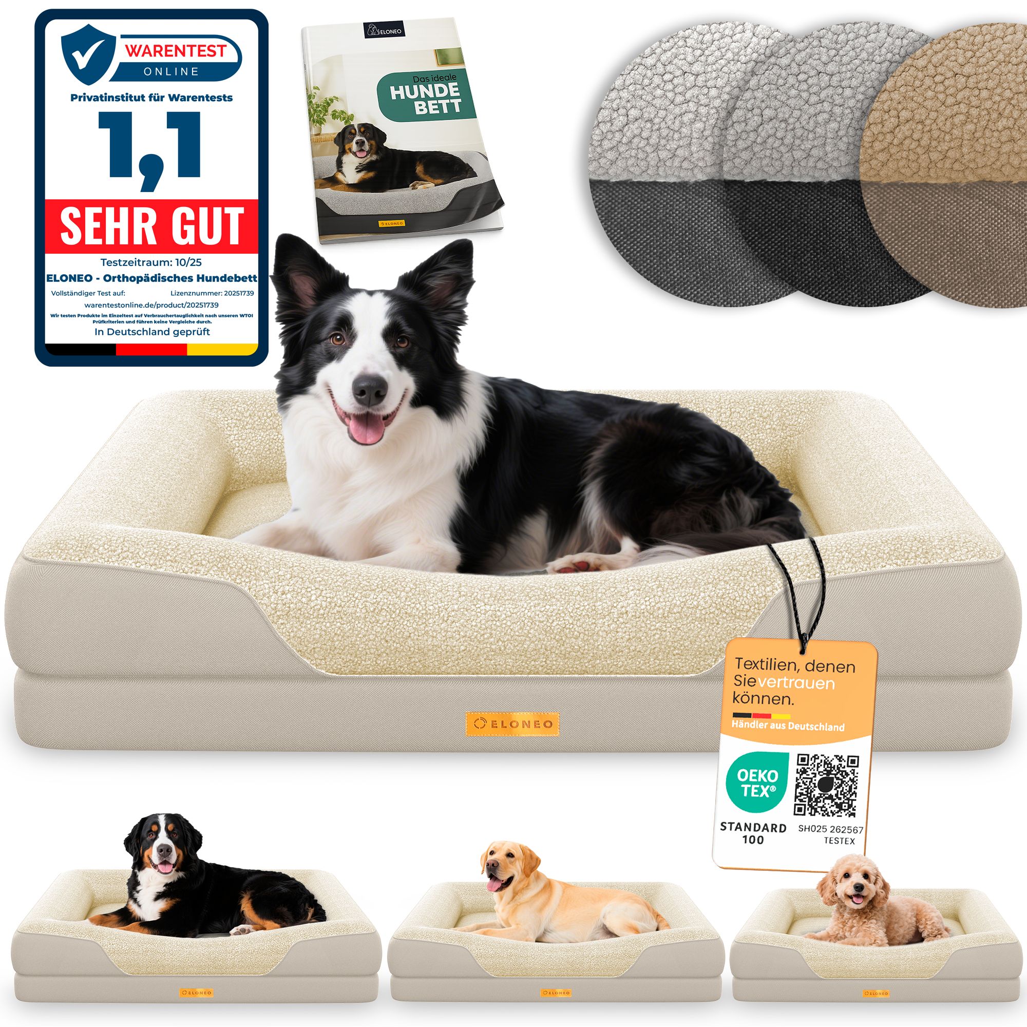 Hundebett, Creme. Hund liegt auf dem Bett. Text: Sehr gut. Oeko-Tex Standard 100. ELONEO Logo. Zubehör: Futterbeutel.