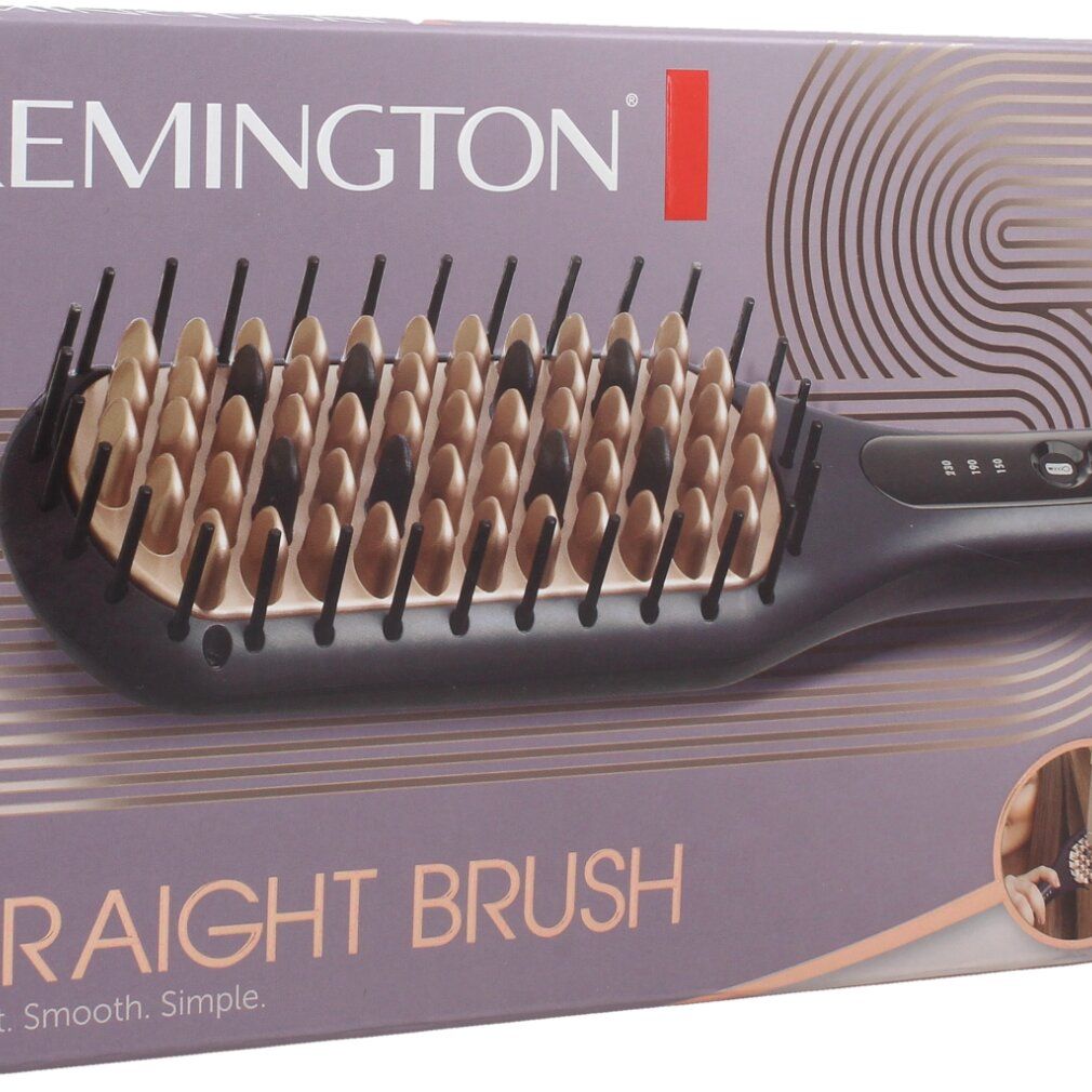 Verpackung einer Remington Glättbürste mit Produktabbildung und Text.