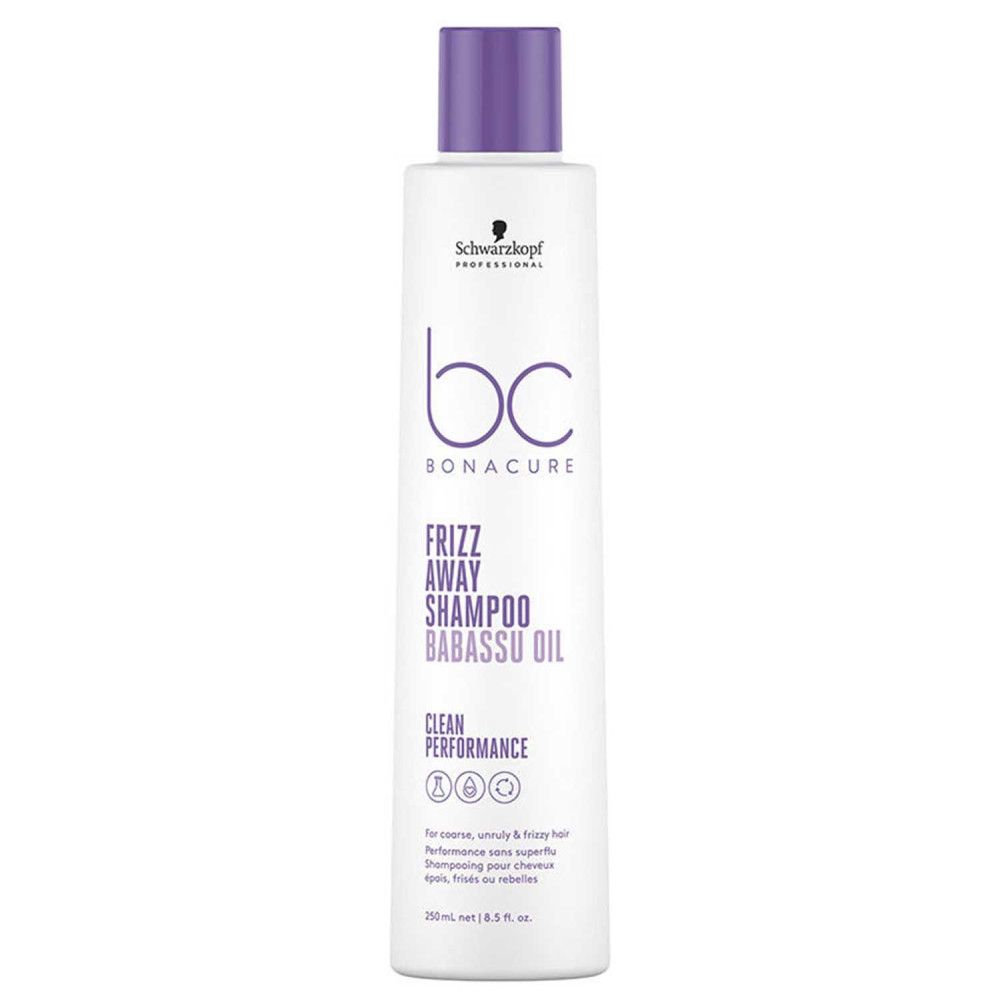 Weißes Shampoo mit lila Verschluss. Aufschrift: Schwarzkopf BC Bonacure Frizz Away Shampoo Babassu Oil. Text und Icons.