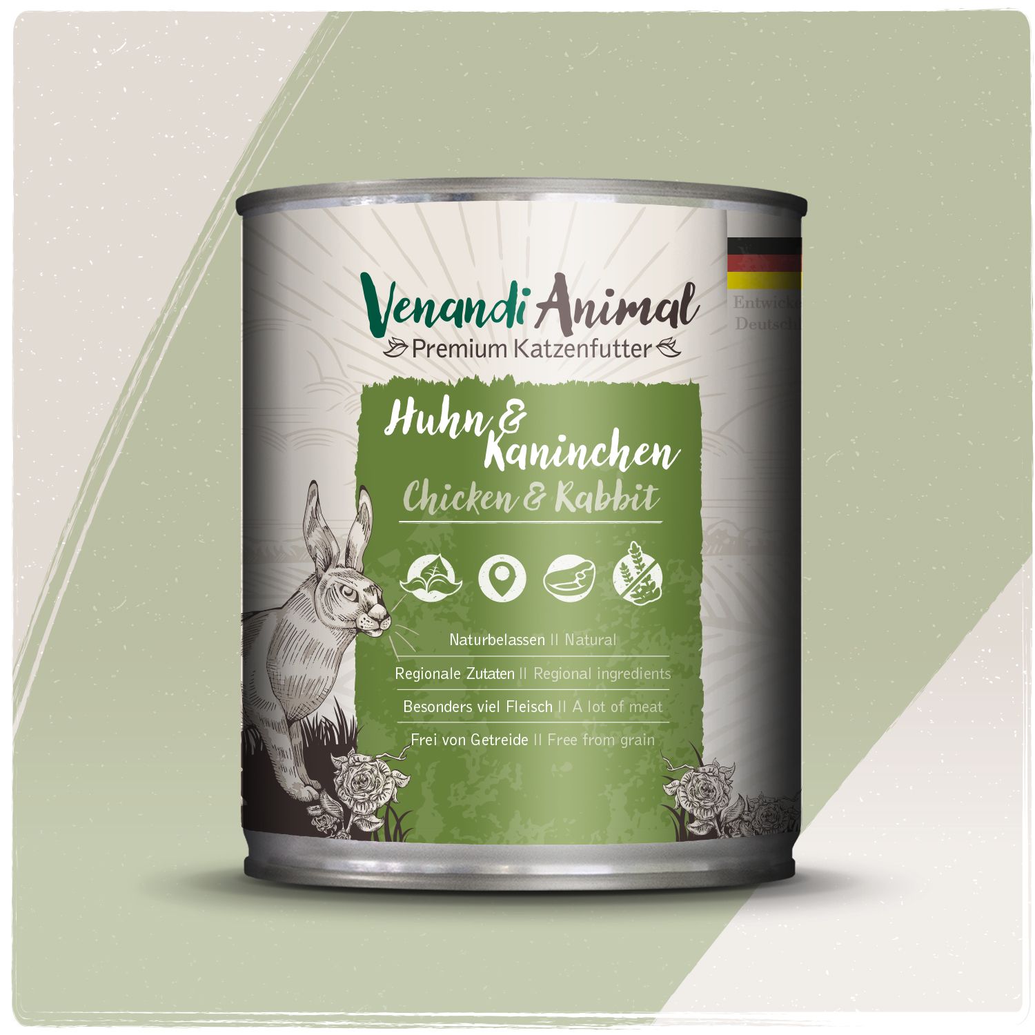 Venandi Animal Premium Katzenfutter Huhn & Kaninchen in Dose. Mit Hasen- und Rosenabbildung.