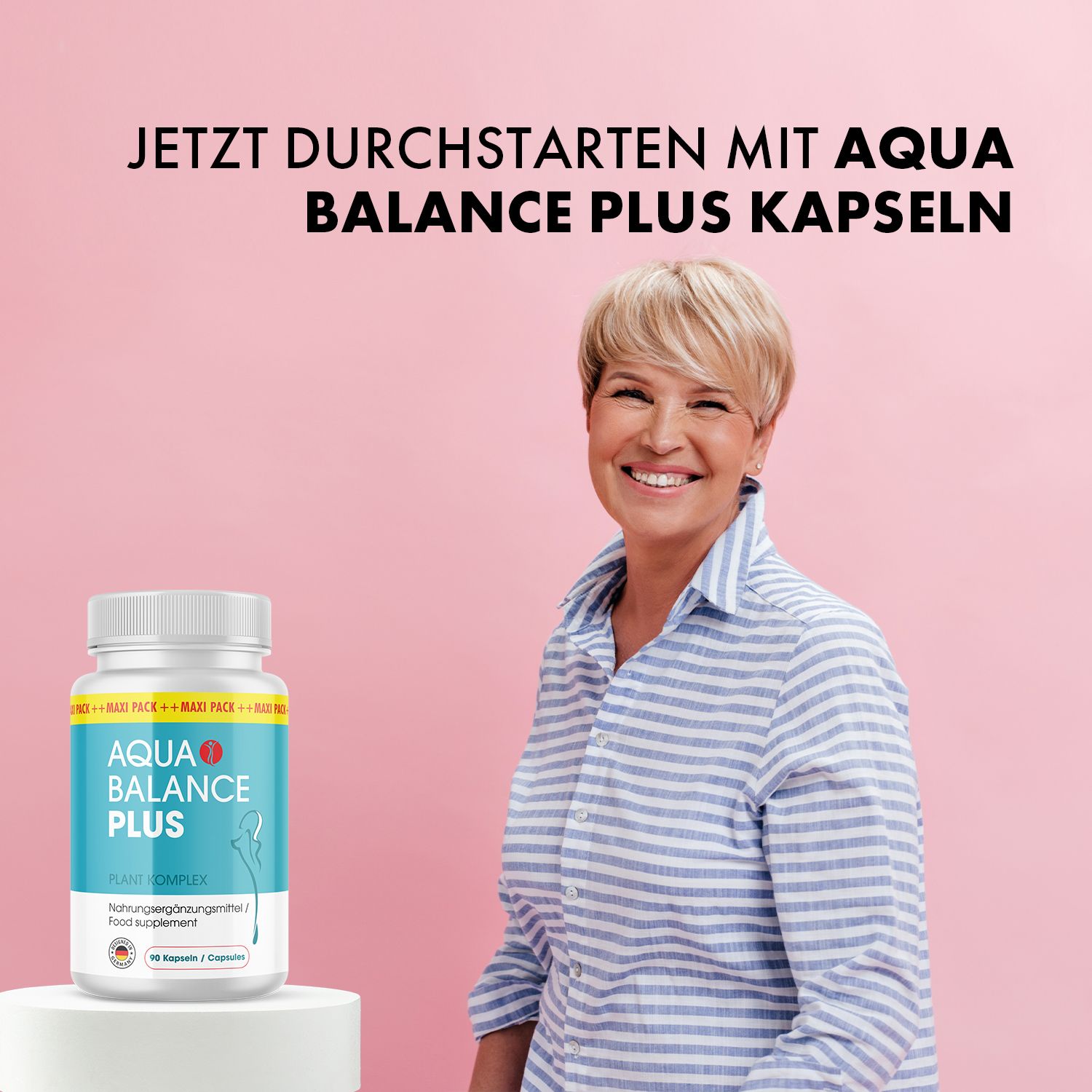 Frau mit Aqua Balance Plus Kapseldose. Nahrungsergänzungsmittel, 90 Kapseln.