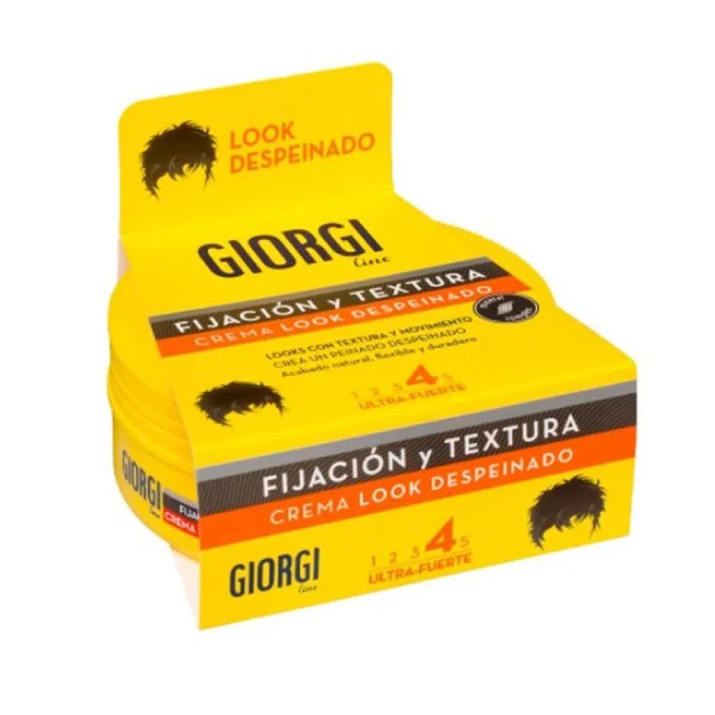 Gelbe Verpackung mit Produktnamen und -beschreibung. Text: GIORGI Line, Fijaion y Textura, Look Despeinado. Stärke 4.