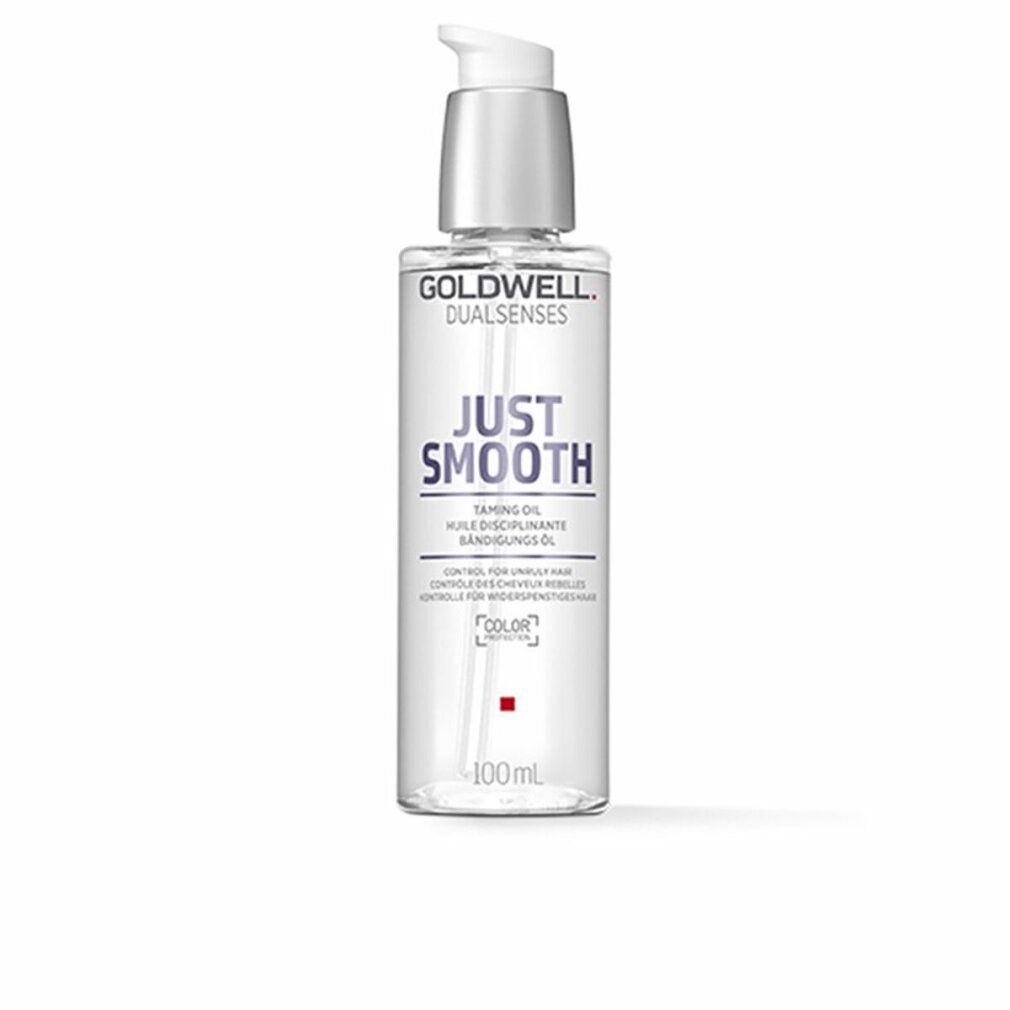 Klare Flasche mit silbernem Pumpkopf. Aufschrift: Goldwell Dualsenses Just Smooth Taming Oil. Logo und Text.