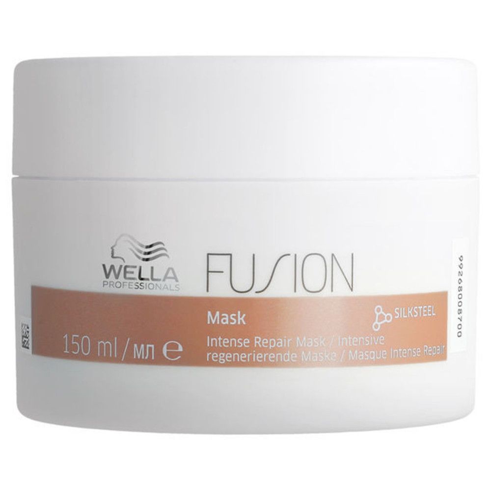 Weiße Dose mit Wella FUSION Maske. Text: 150 ml, Maske, Intense Repair Mask, SILKSTEEL.