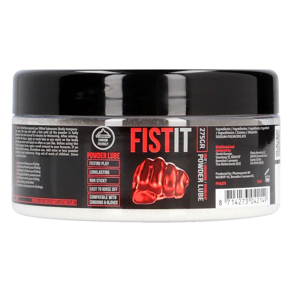 Behälter mit schwarzem Deckel. Aufschrift "FISTIT" und "POWDER LUBE". Roter Faust-Grafik. 275GR. Kompatibel mit Kondomen & Handschuhen.
