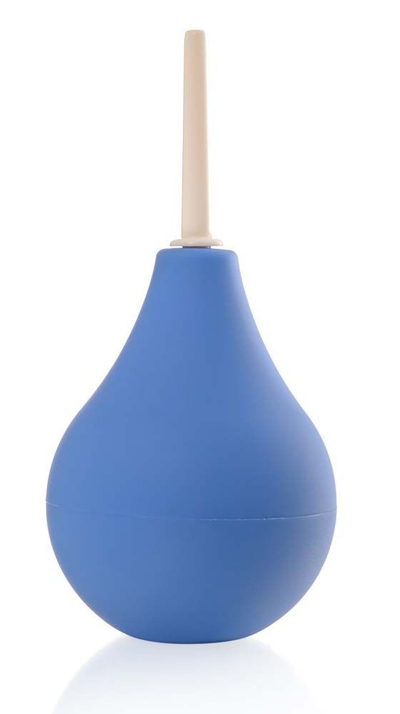 Blaue Dusche mit beigem Applikator. Birnenförmiger Körper, Applikator eingesetzt.