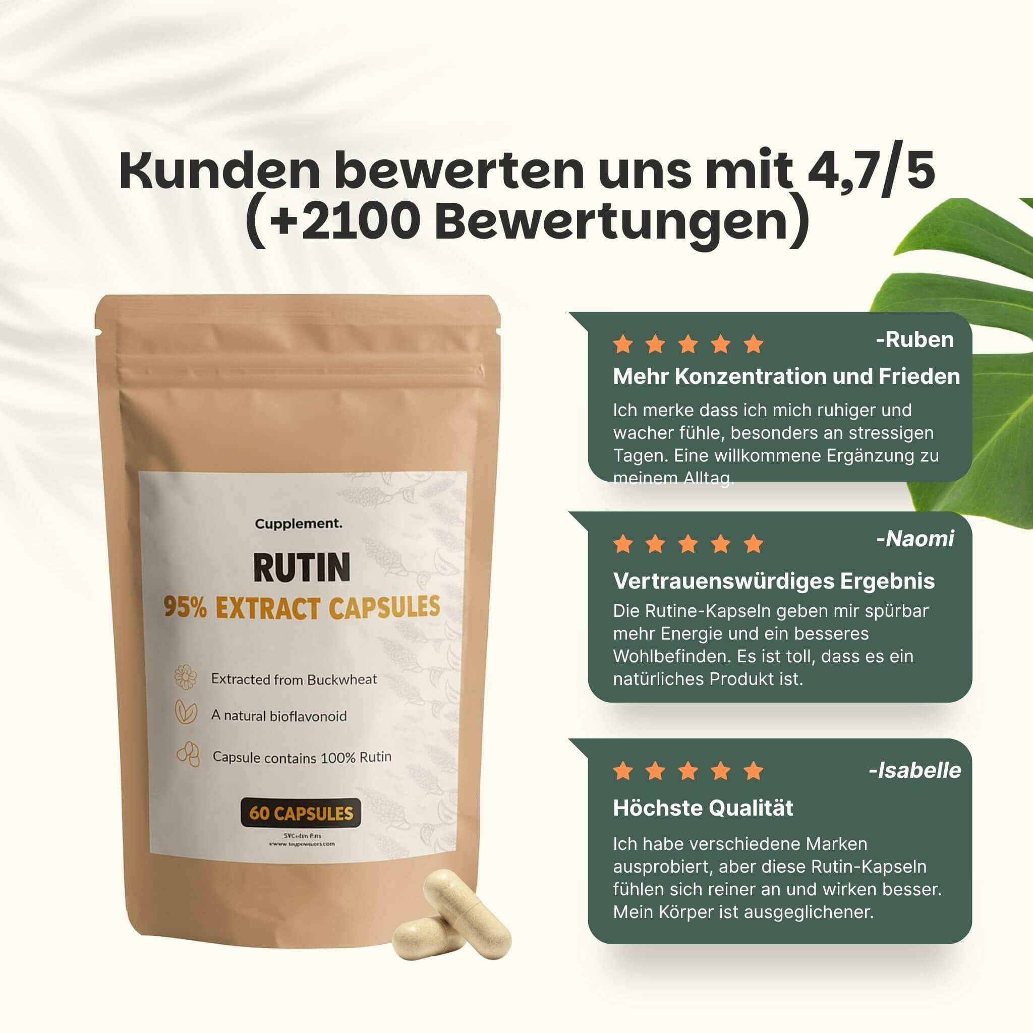 Beutel mit Kapseln. Text: Rutin 95% Extrakt. 60 Kapseln. Kundenbewertung 4.7/5. 3 Bewertungen.