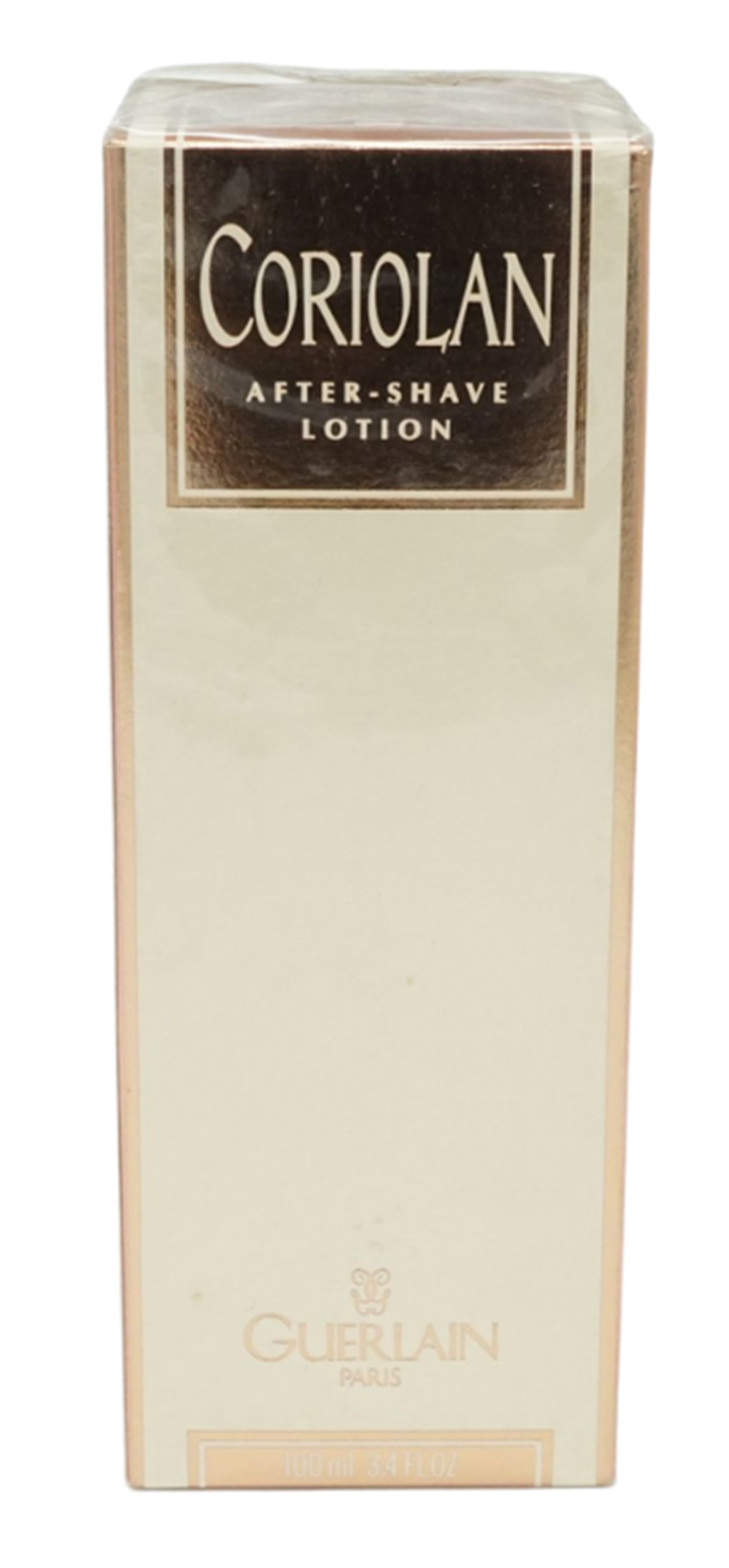 Verpackung von After-Shave-Lotion. Aufschrift: Coriolan After-Shave Lotion. Marke: Guerlain Paris. Rechteckige Form, cremefarbener Hintergrund.