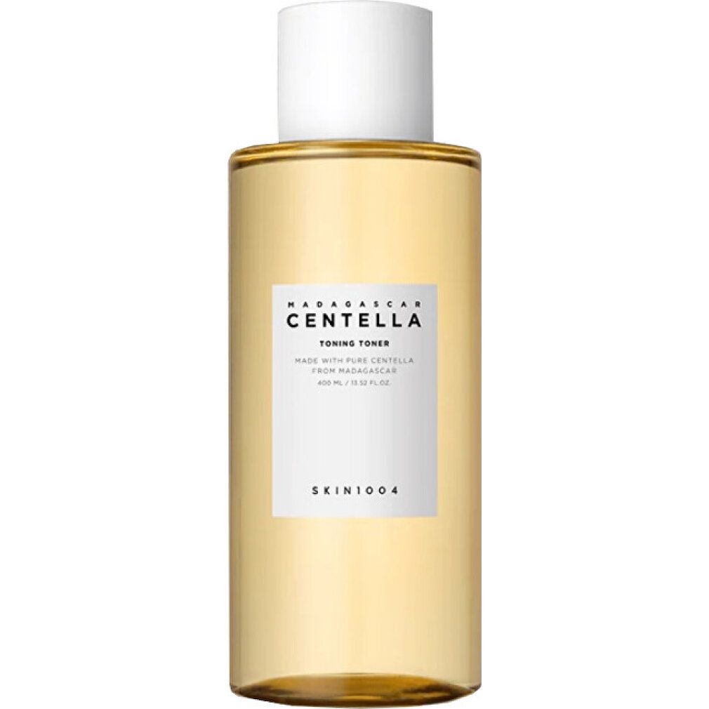 Flasche mit weißem Deckel. Produktetikett sichtbar. Text: MADAGASCAR CENTELLA Toning Toner.
