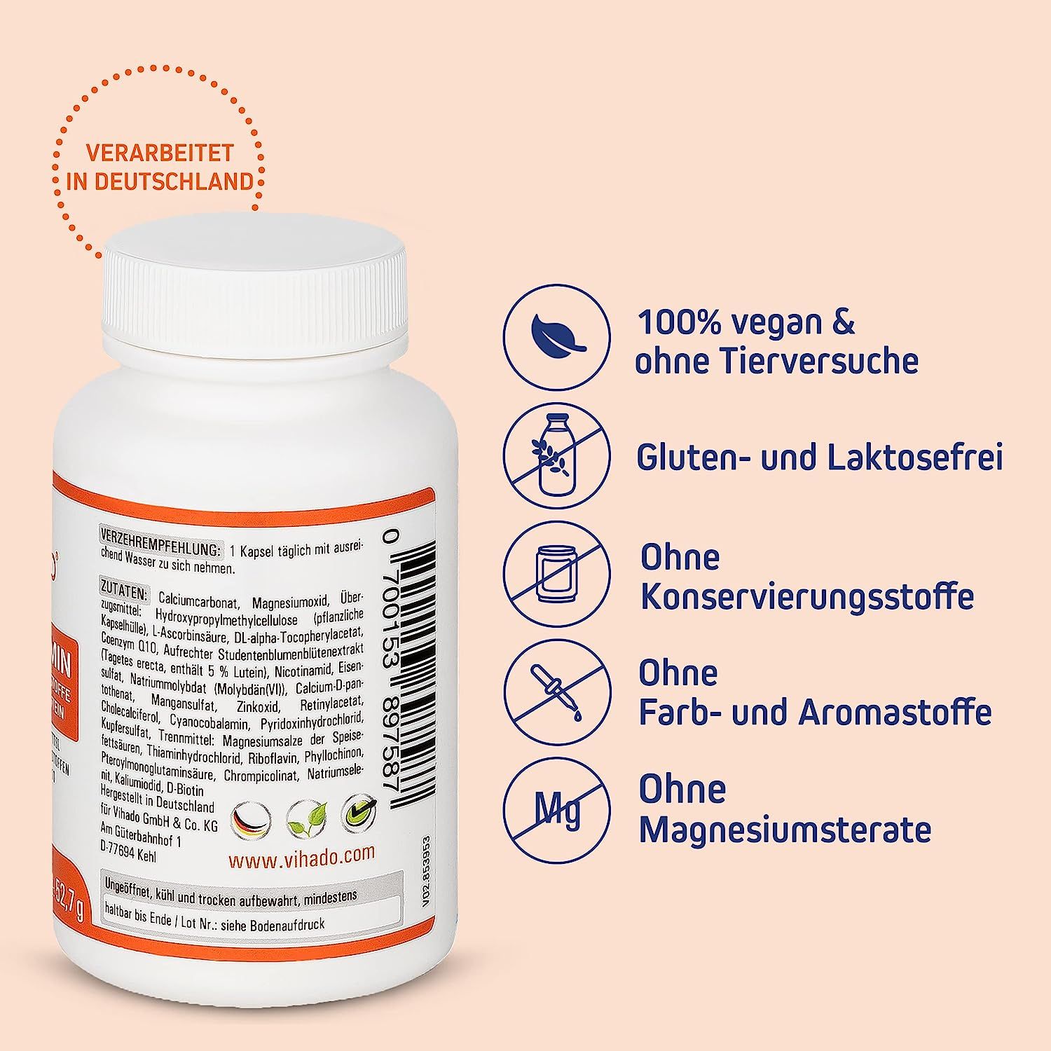 Rückseite einer weißen Flasche mit Kapseln. Text: 100% vegan, glutenfrei, laktosefrei, ohne Konservierungs-, Farb- und Aromastoffe.