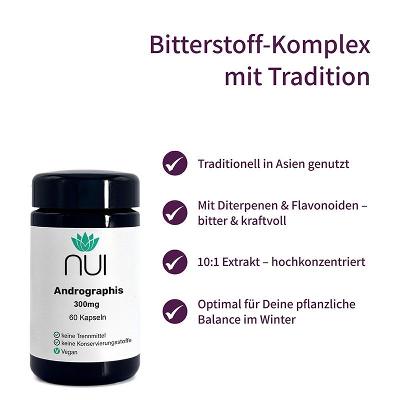 Schwarze Flasche mit weißem Etikett. Aufschrift: NUI Andrographis, 300mg, 60 Kapseln. Vegan. Text mit Produktvorteilen.