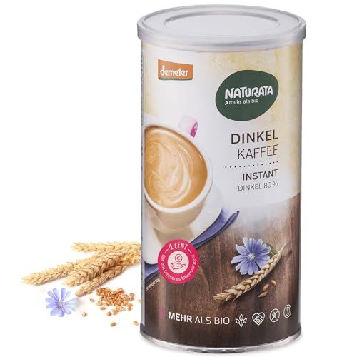 Naturata Dinkel Kaffee Instant Dose mit Kaffeeabbildung und Getreideähren.