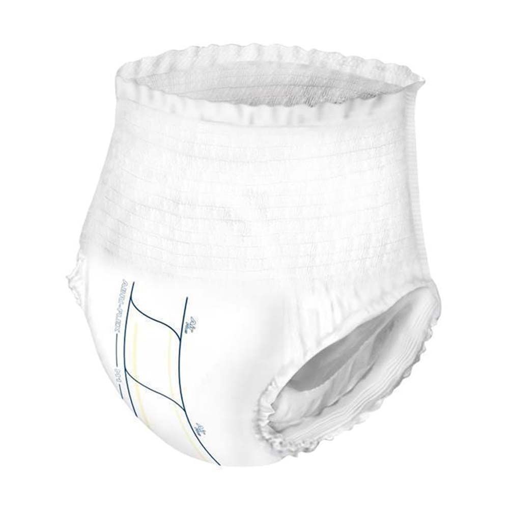 Abena Abri-Flex Premium M1. Weiße Inkontinenzhose. Elastischer Bund. Blaue und gelbe Markierungen. Innenansicht.