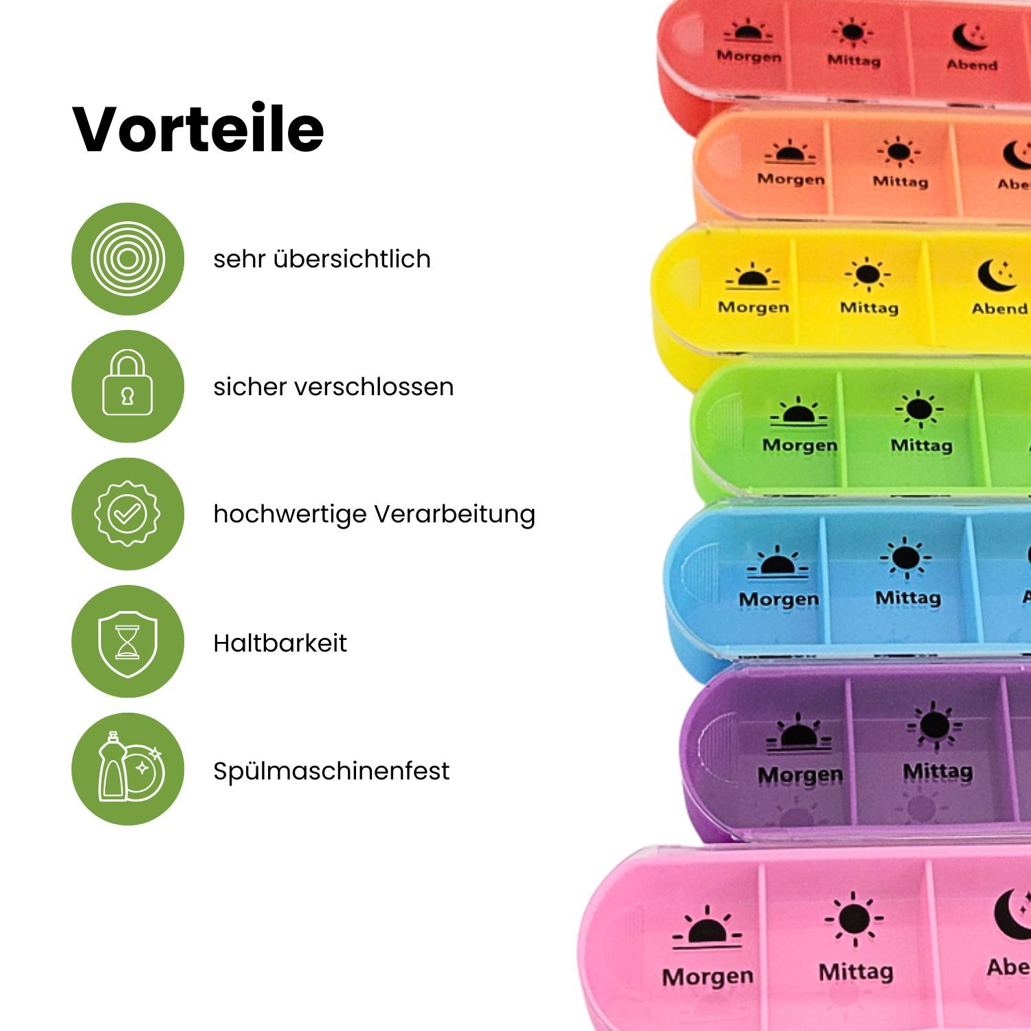 Schwarze Tablettenbox mit farbigen Fächern für Wochentage. Logo und Text: Frohbach Vital Care, 7-Tage Pillenbox.