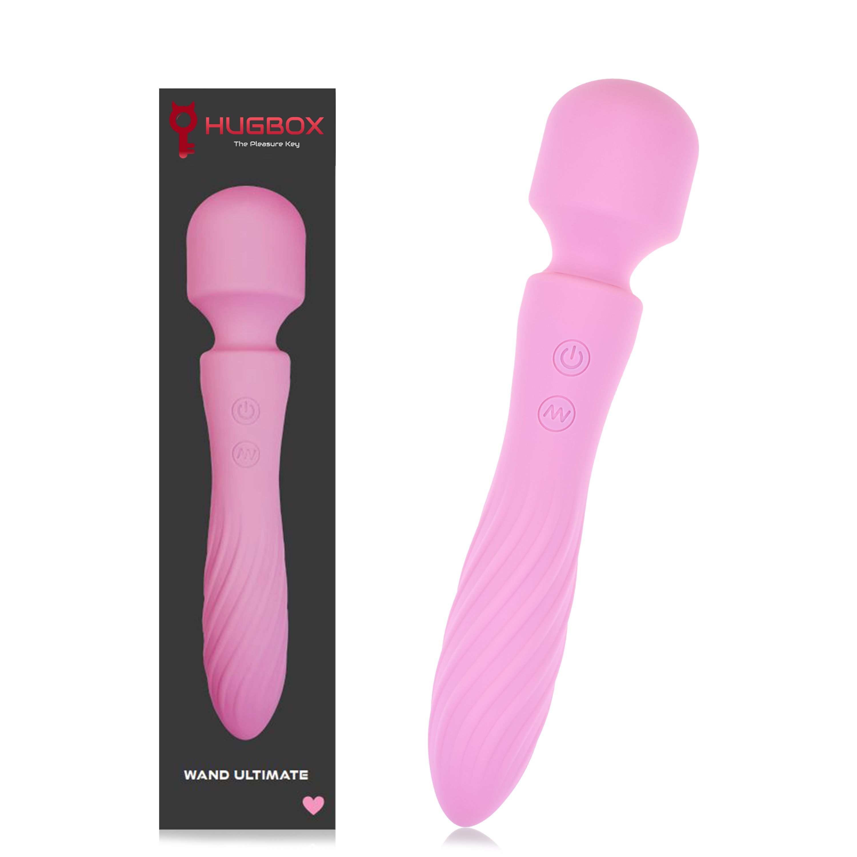 Rosa Vibrator neben schwarzer Verpackung. Verpackung mit Logo und Text: WAND ULTIMATE.