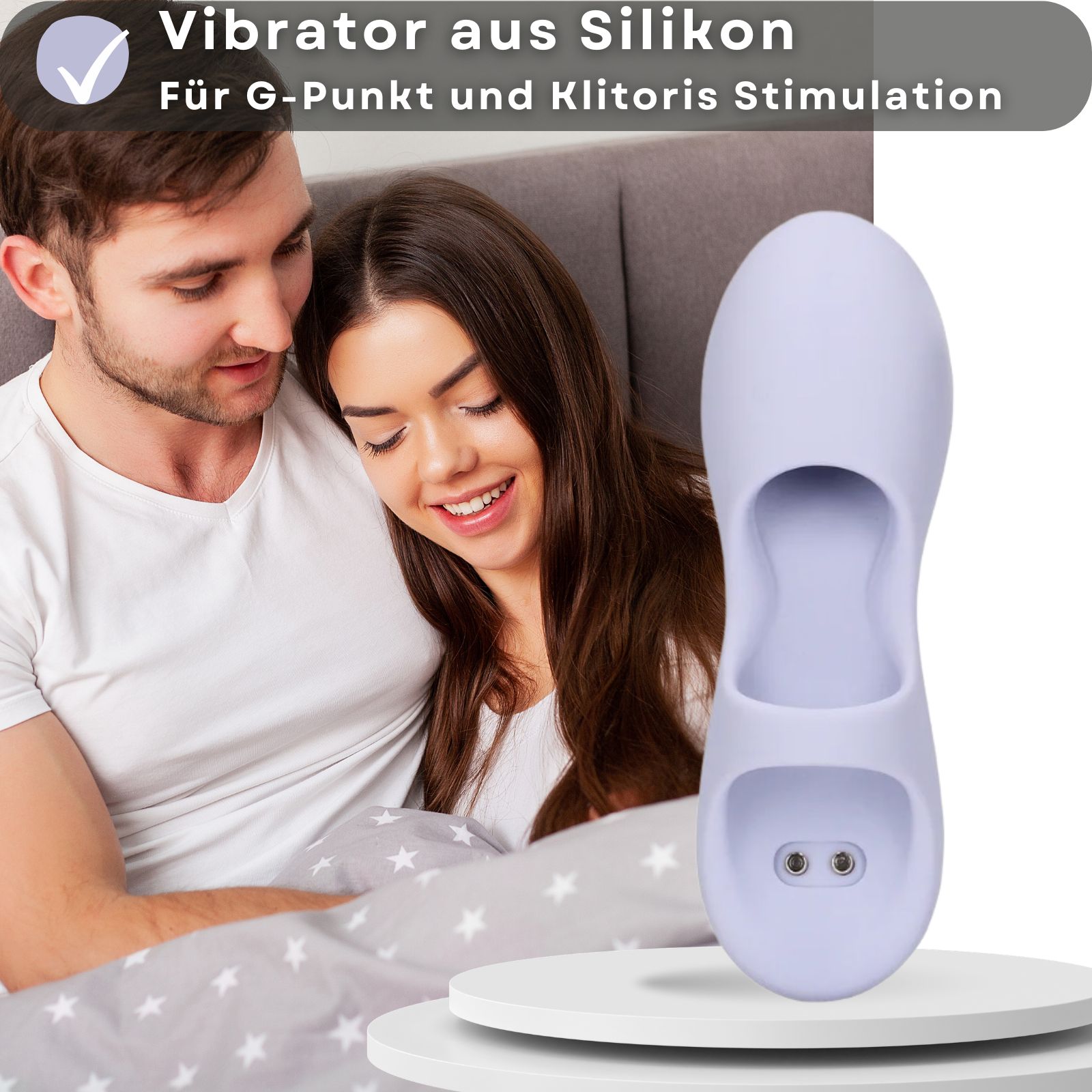 Lila Vibrator. Text: „Vibrator aus Silikon“. Für G-Punkt- und Klitoris-Stimulation. USB.