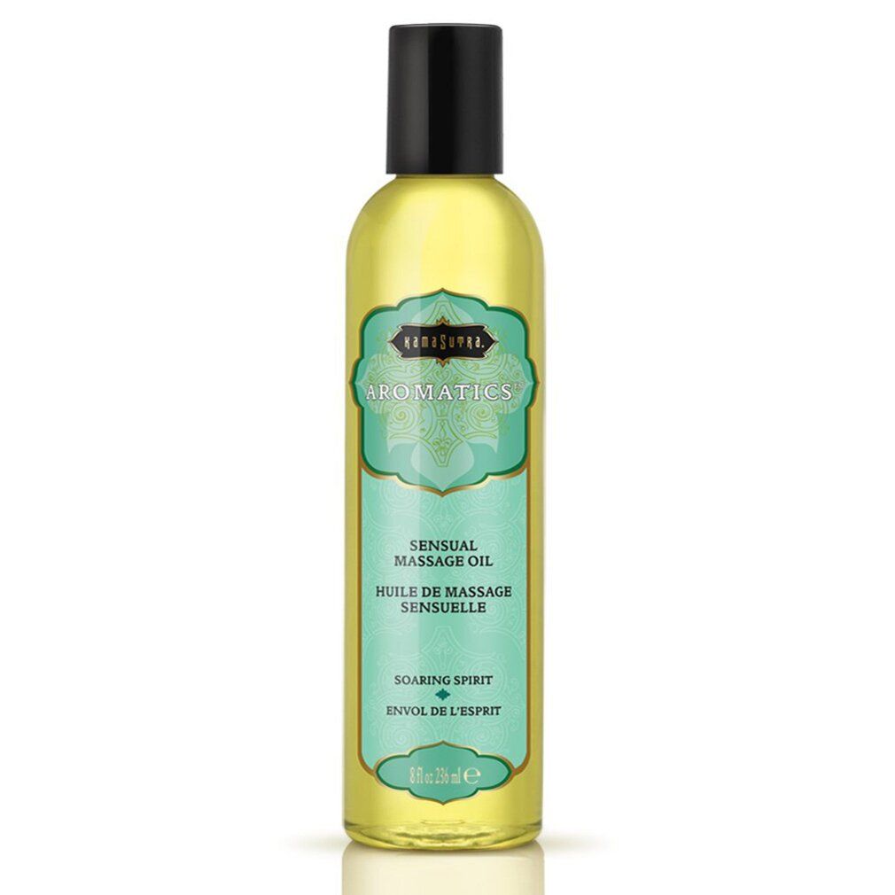 Massageöl Flasche mit türkisfarbenem Etikett und schwarzem Deckel.
